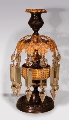 Pair of Regency Period Bronze and Ormolu Glass Lustre Candlesticks