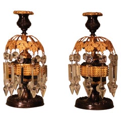 Pair of Regency Period Bronze and Ormolu Glass Lustre Candlesticks