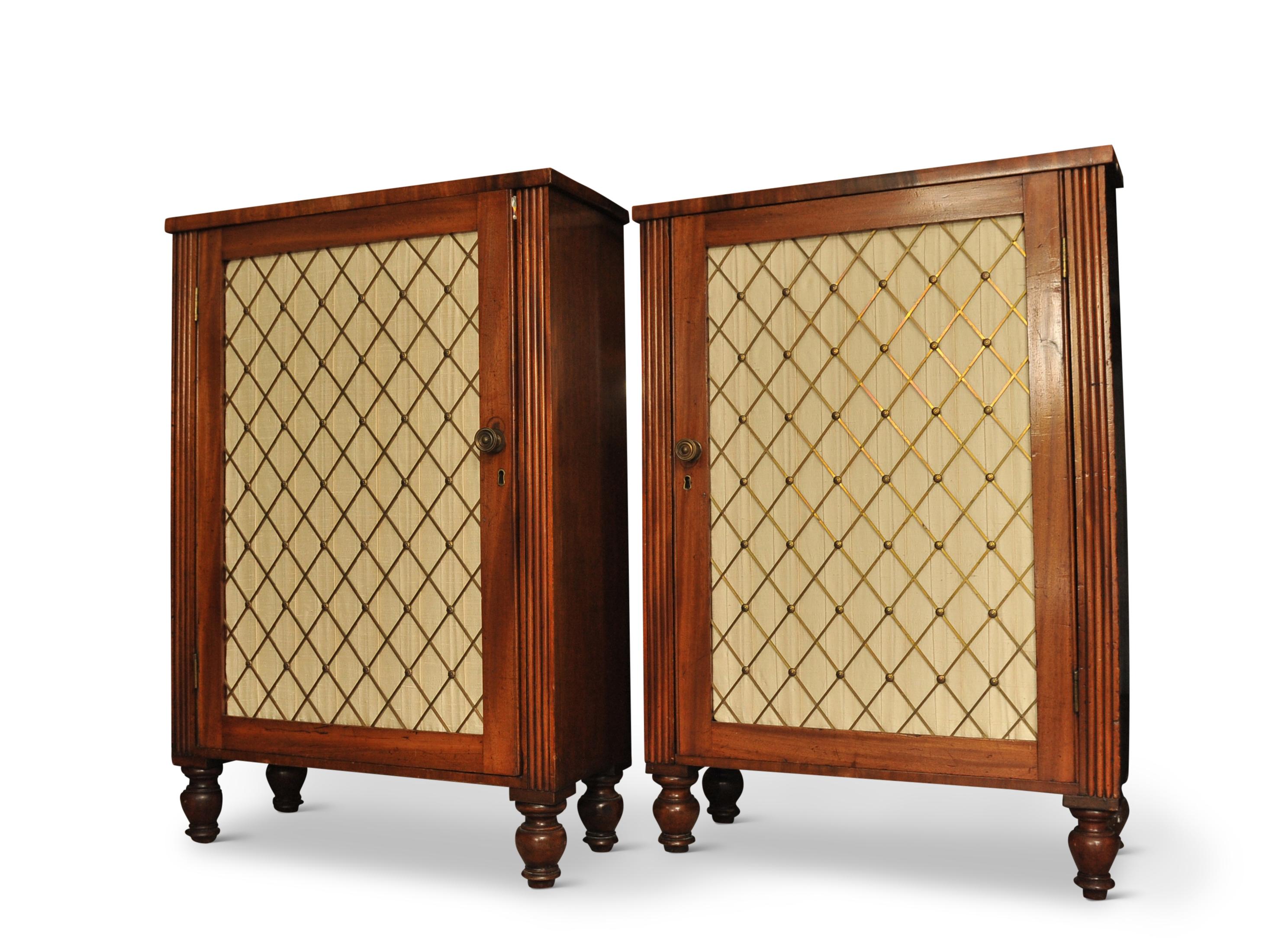 Woodwork Rare Pair of Regency Period Mahogany Side Cabinets with Brass Lattice Fronts For Sale