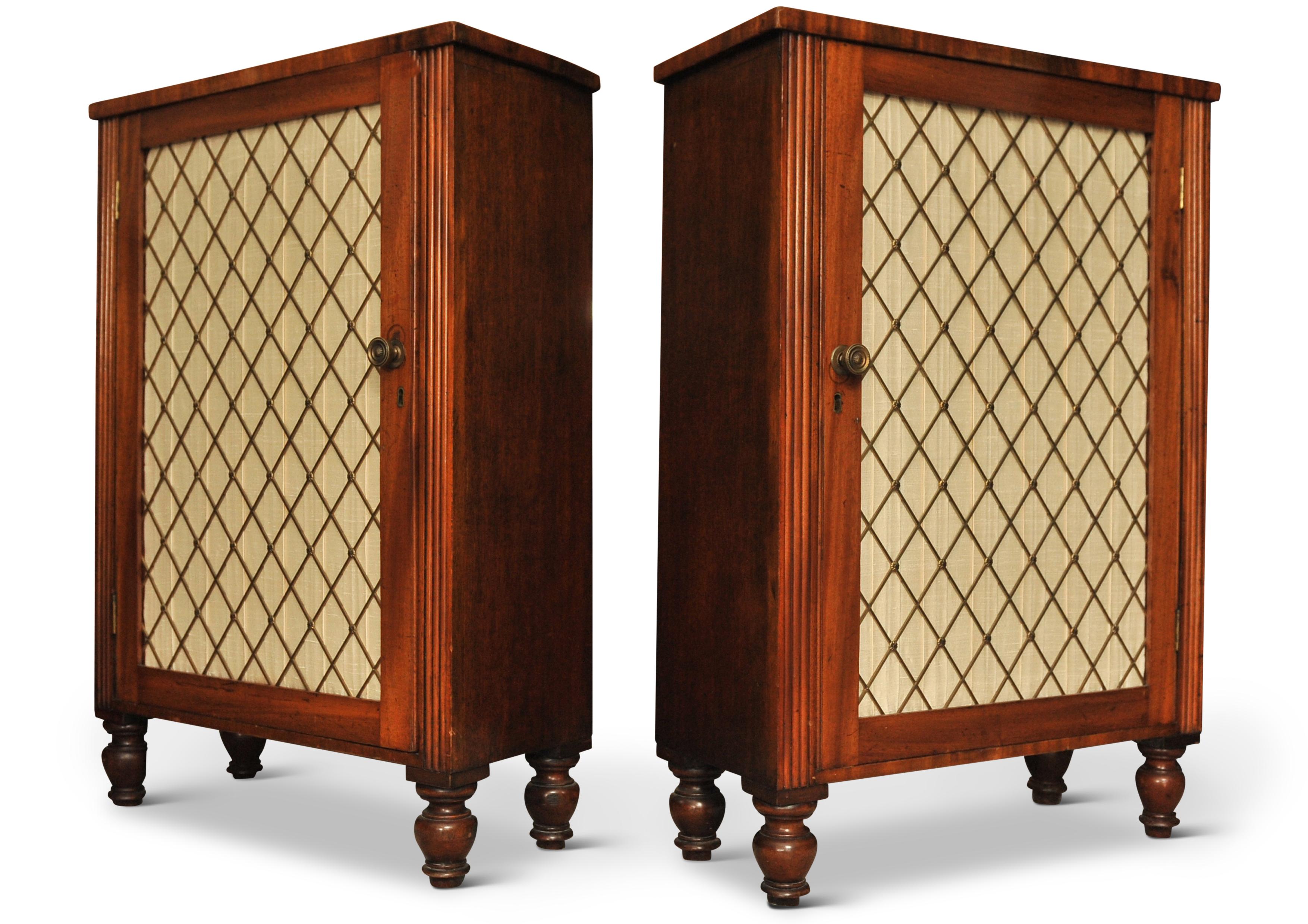 Rare Pair of Regency Period Mahogany Side Cabinets with Brass Lattice Fronts In Good Condition For Sale In High Wycombe, GB