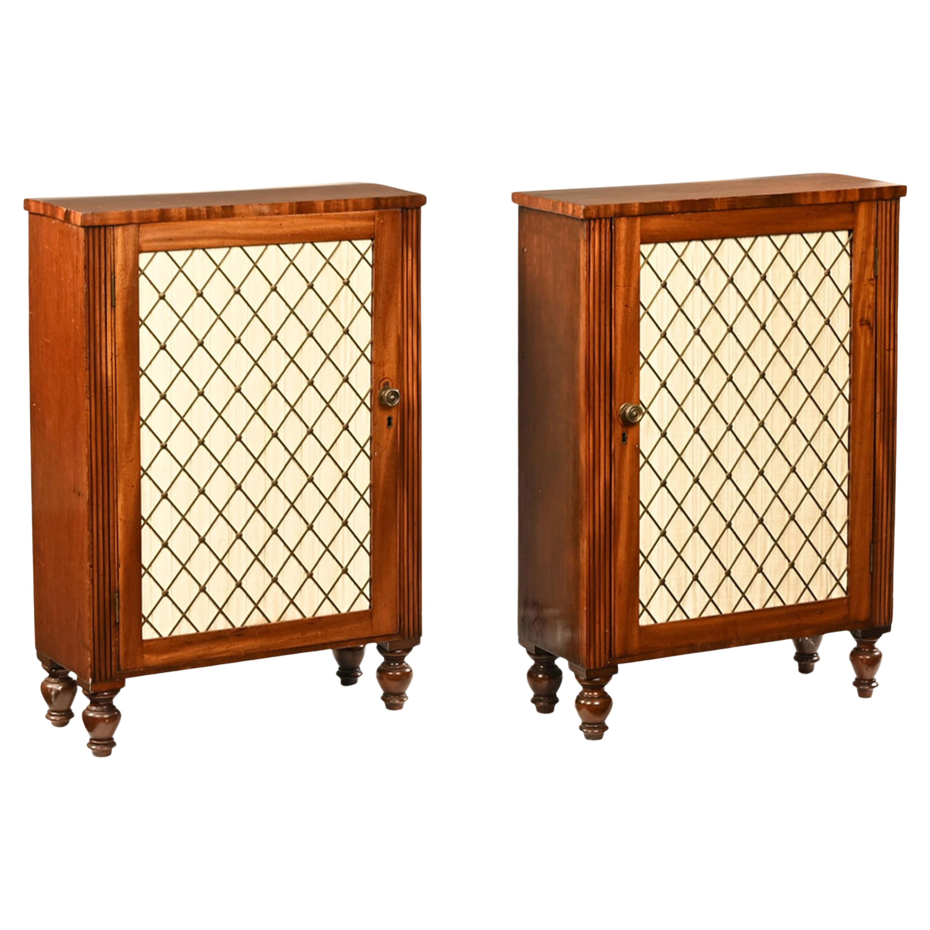 British Rare Pair of Regency Period Mahogany Side Cabinets with Brass Lattice Fronts For Sale
