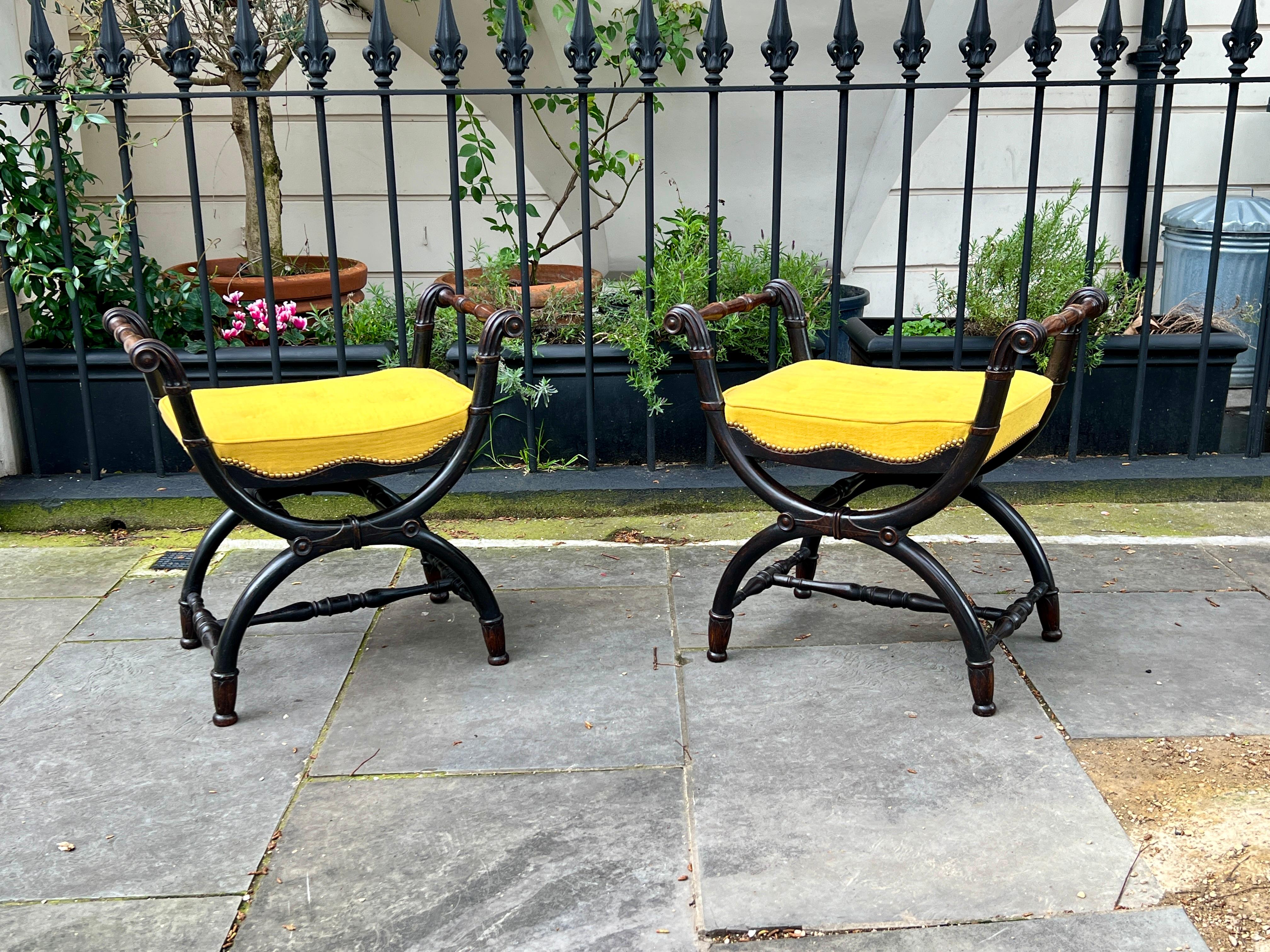 British A Pair of Regency Period X-Framed and Ebonised Oak window Seats For Sale