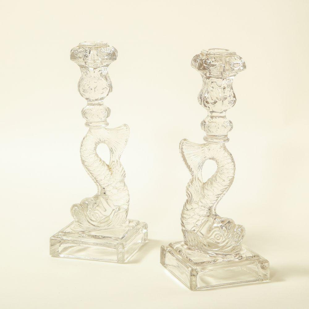 Cast A Pair of Regency Style Dolphin-Form Glass Candlesticks