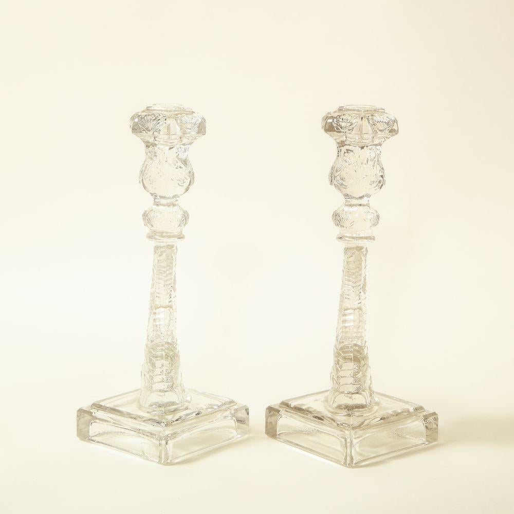 A Pair of Regency Style Dolphin-Form Glass Candlesticks In Excellent Condition In New York, NY