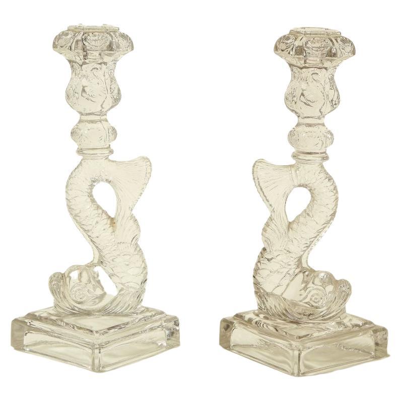 A Pair of Regency Style Dolphin-Form Glass Candlesticks