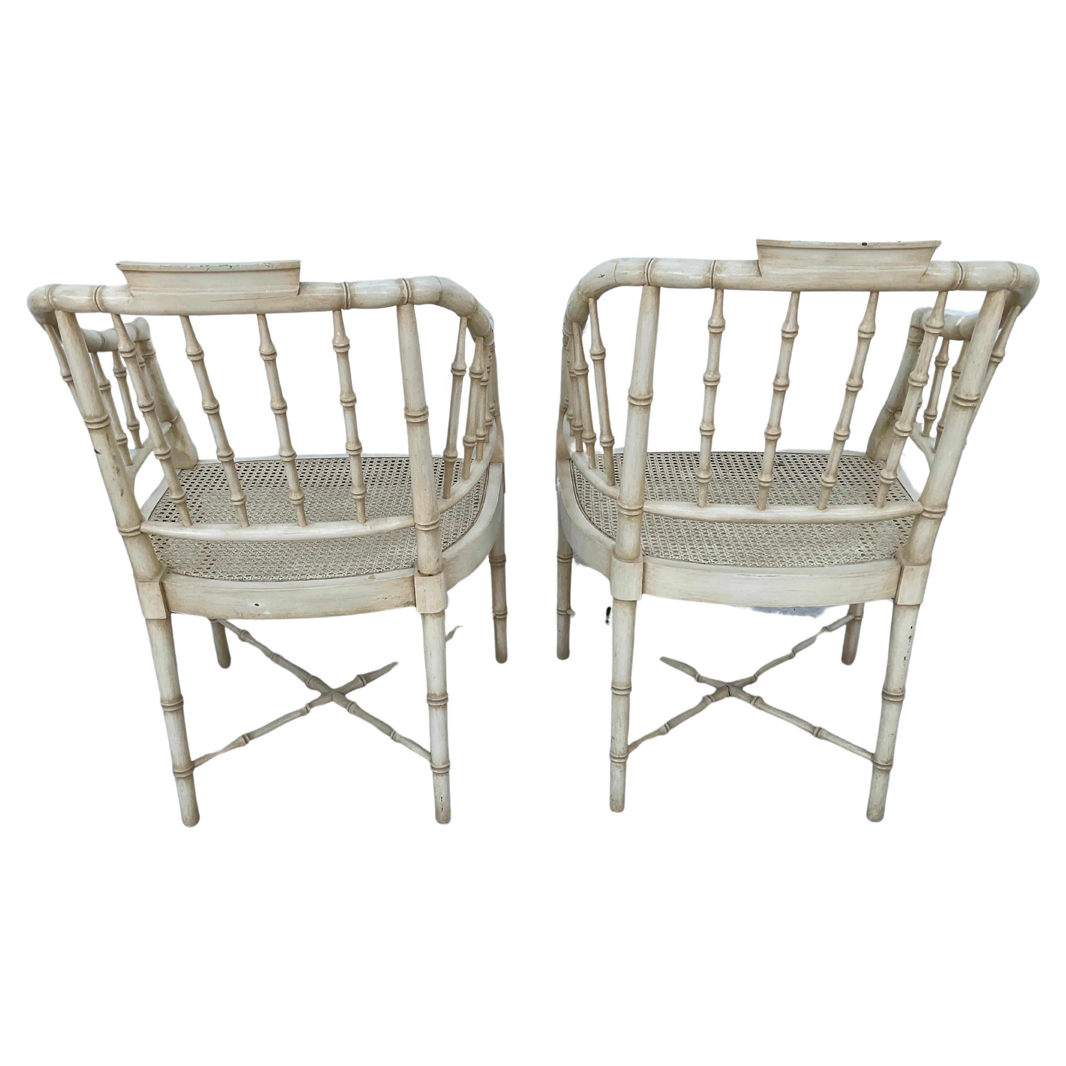 A Pair of Regency Style Faux Bamboo And Cane Armchairs In Good Condition For Sale In Bradenton, FL