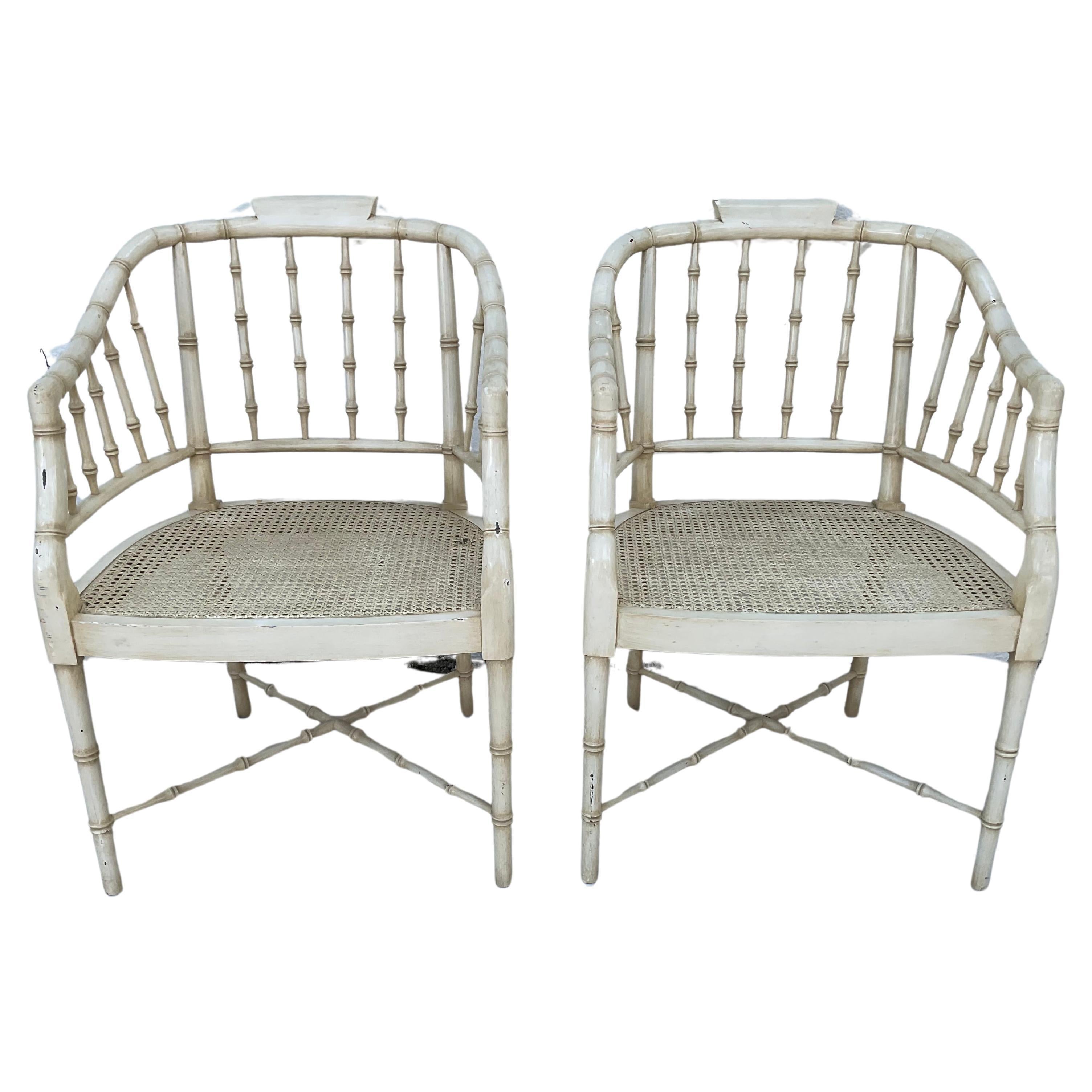 A Pair of Regency Style Faux Bamboo And Cane Armchairs For Sale