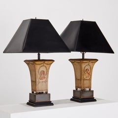 A Pair of Regency Style Tole Peinte Table Lamps with Black Lampshades
