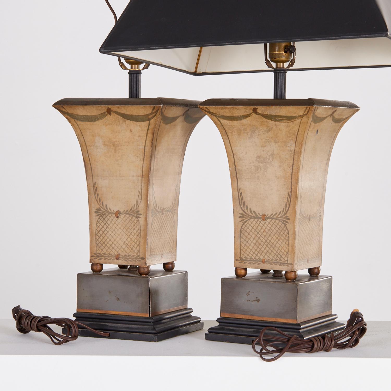 A Pair of Regency Style Tole Peinte Table Lamps with Black Lampshades For Sale 2