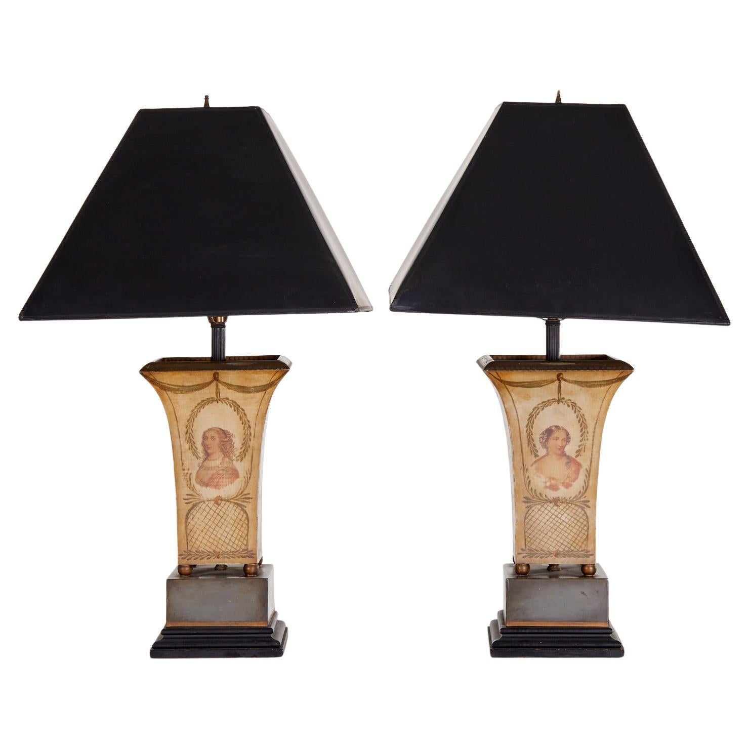 A Pair of Regency Style Tole Peinte Table Lamps with Black Lampshades For Sale