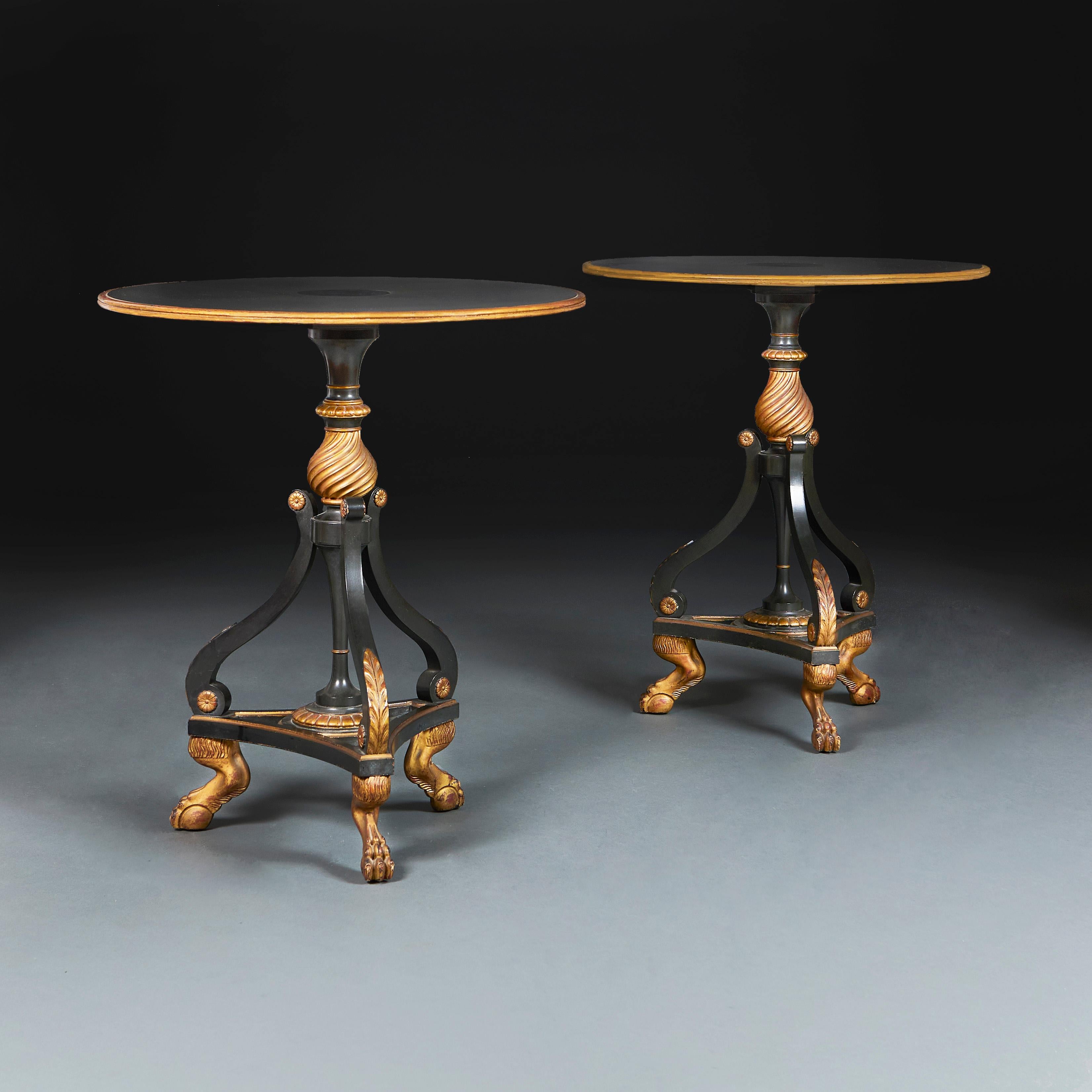 England, circa 1900

An unusual pair of Edwardian circular ebonised and gilded occasional tables in the Regency style, with tripod bases all supported on hairy paw feet.

Height 68.00cm
Diameter 61.00cm