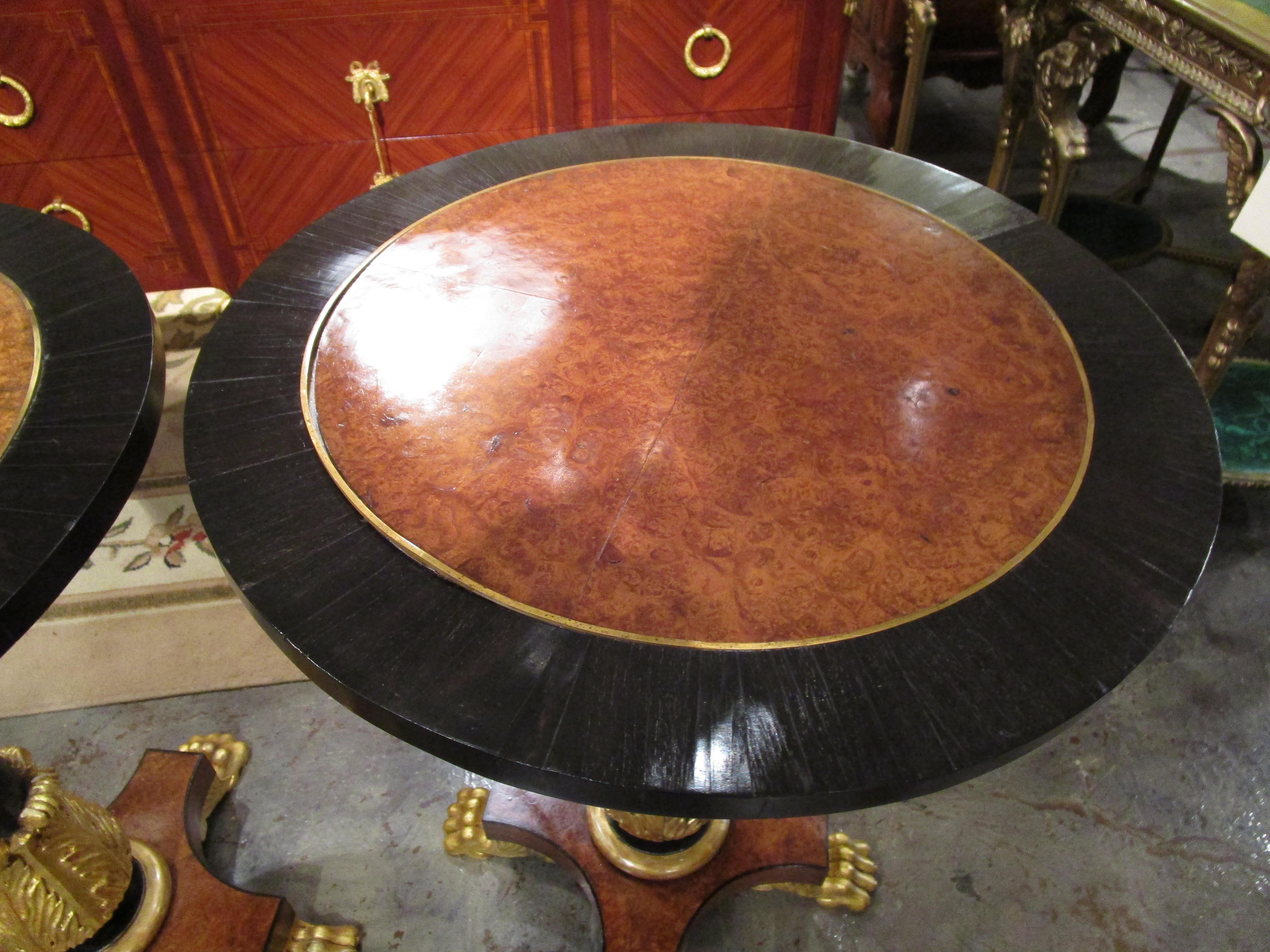 English Pair of Regency Walnut and Ebonized Side Tables with Parcel Gilt Pawed Feet