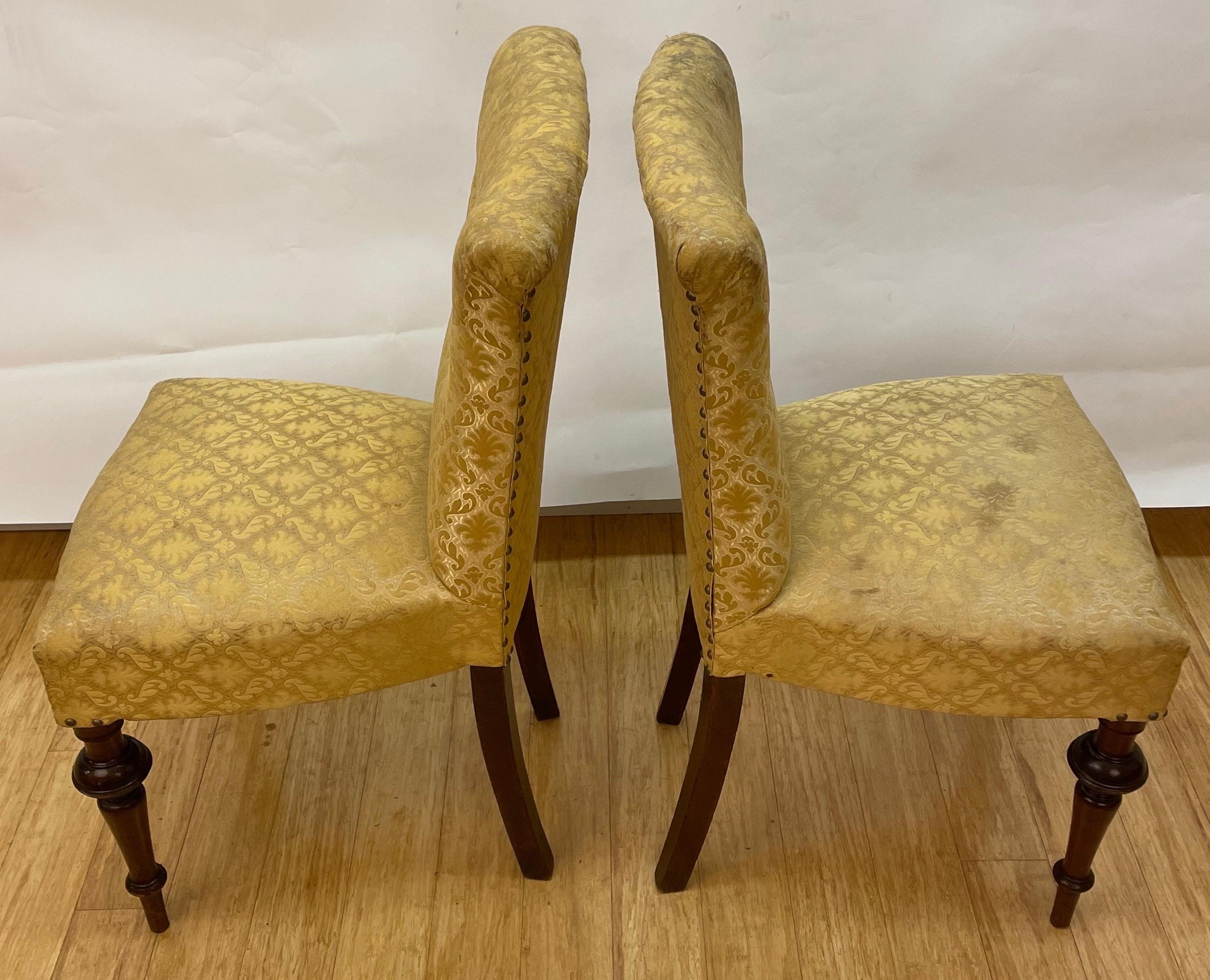 Cute and comfy, these chairs were probably rarely used, as they are in good original condition. Reupholstery is recommended because of fabric soil, and requires roughly 3-4 yards of something fresh and beautiful. The fan shaped back is supportive,