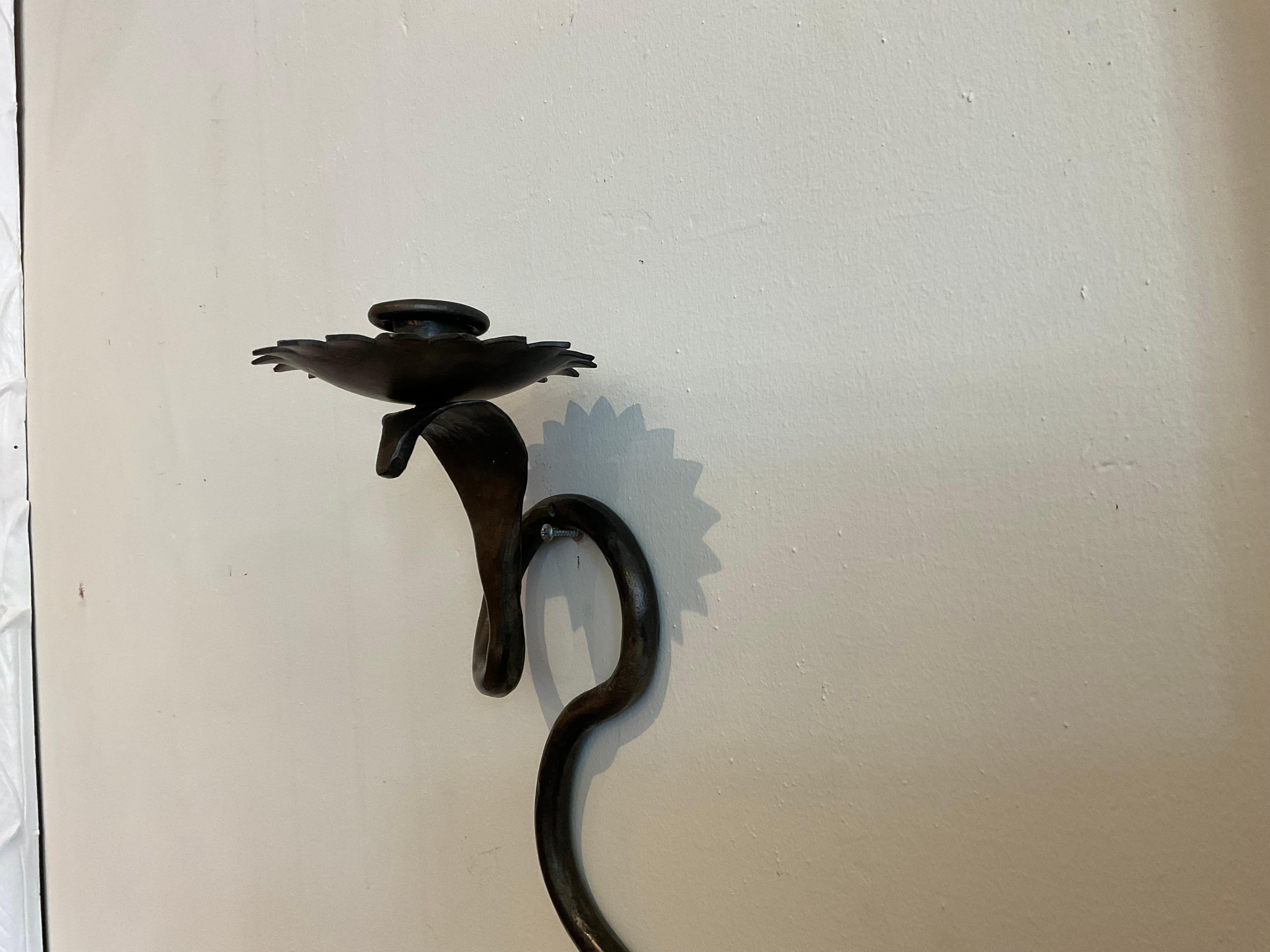 Blackened Pair Serpent Sconces in a gunmetal wrought iron finish For Sale