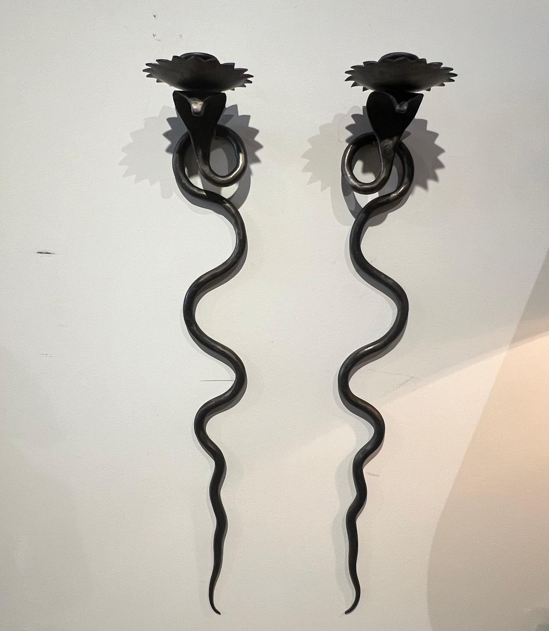 Pair Serpent Sconces in a gunmetal wrought iron finish For Sale 1