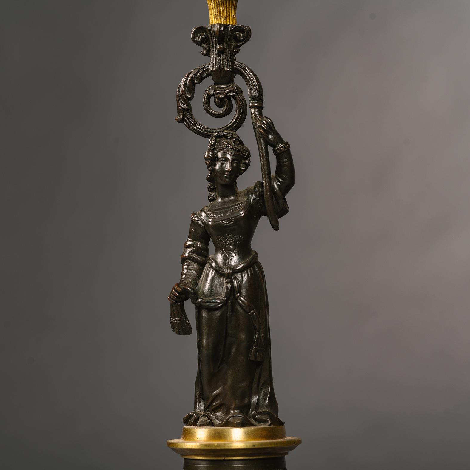 French A Pair of Restoration Period Gilt and Patinated Bronze Four-Light Figural Candel For Sale