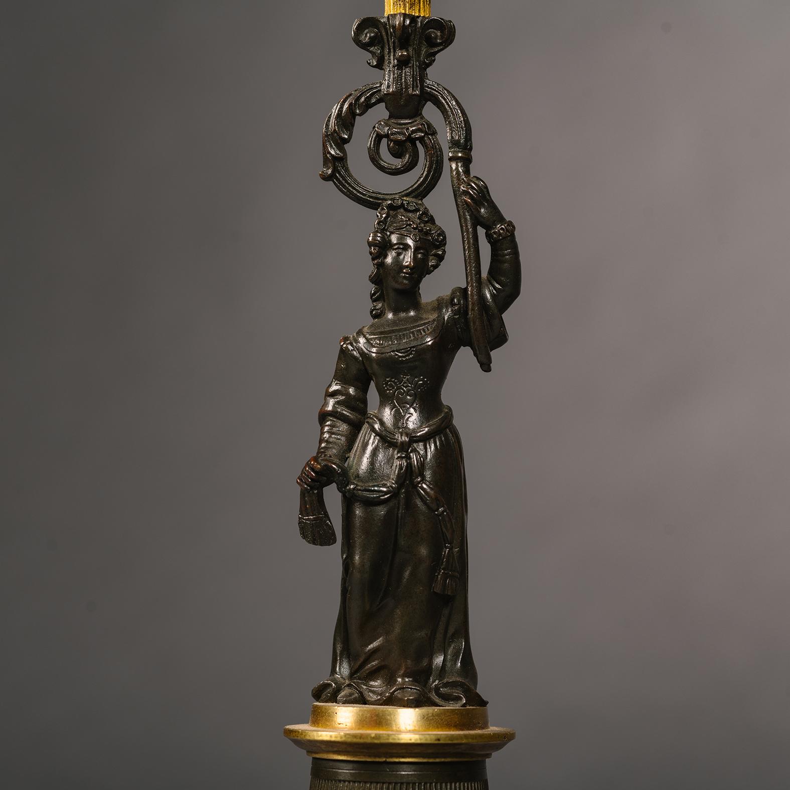 19th Century A Pair of Restoration Period Gilt and Patinated Bronze Four-Light Figural Candel For Sale