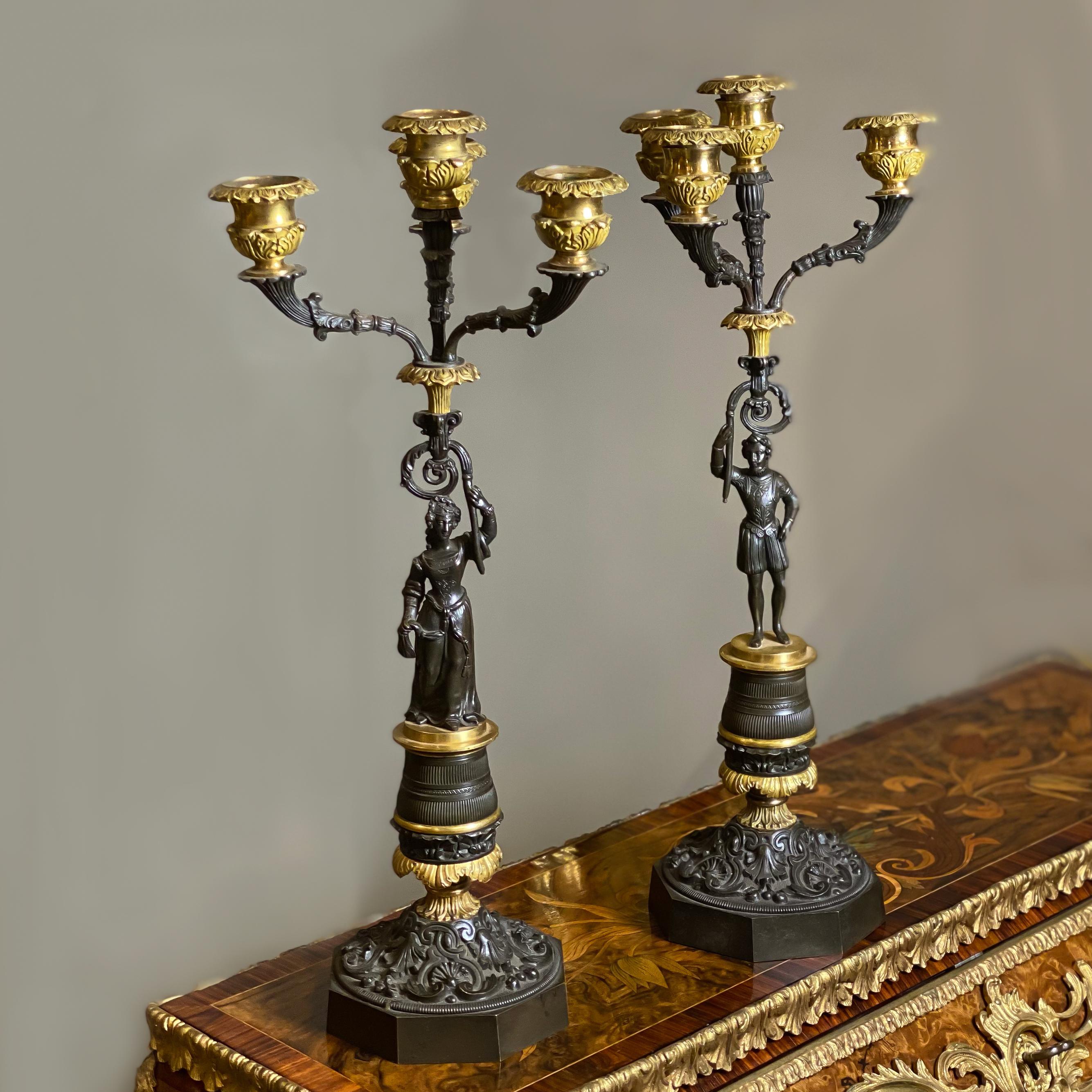 A Pair of Restoration Period Gilt and Patinated Bronze Four-Light Figural Candel For Sale 1