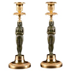 Pair of "Retour D'egypte" Gilt & Patinated Bronze French Candlesticks, ca. 1810