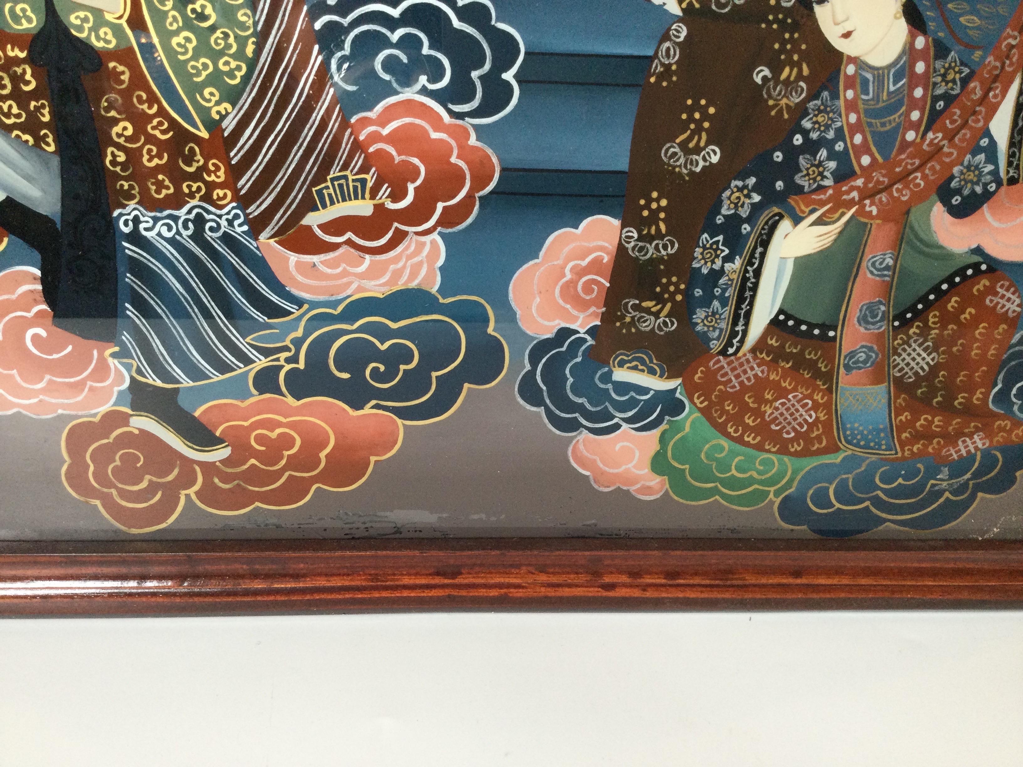 Pair of Revers Painted Japanese Scenes of Nobel Men and Women For Sale 4