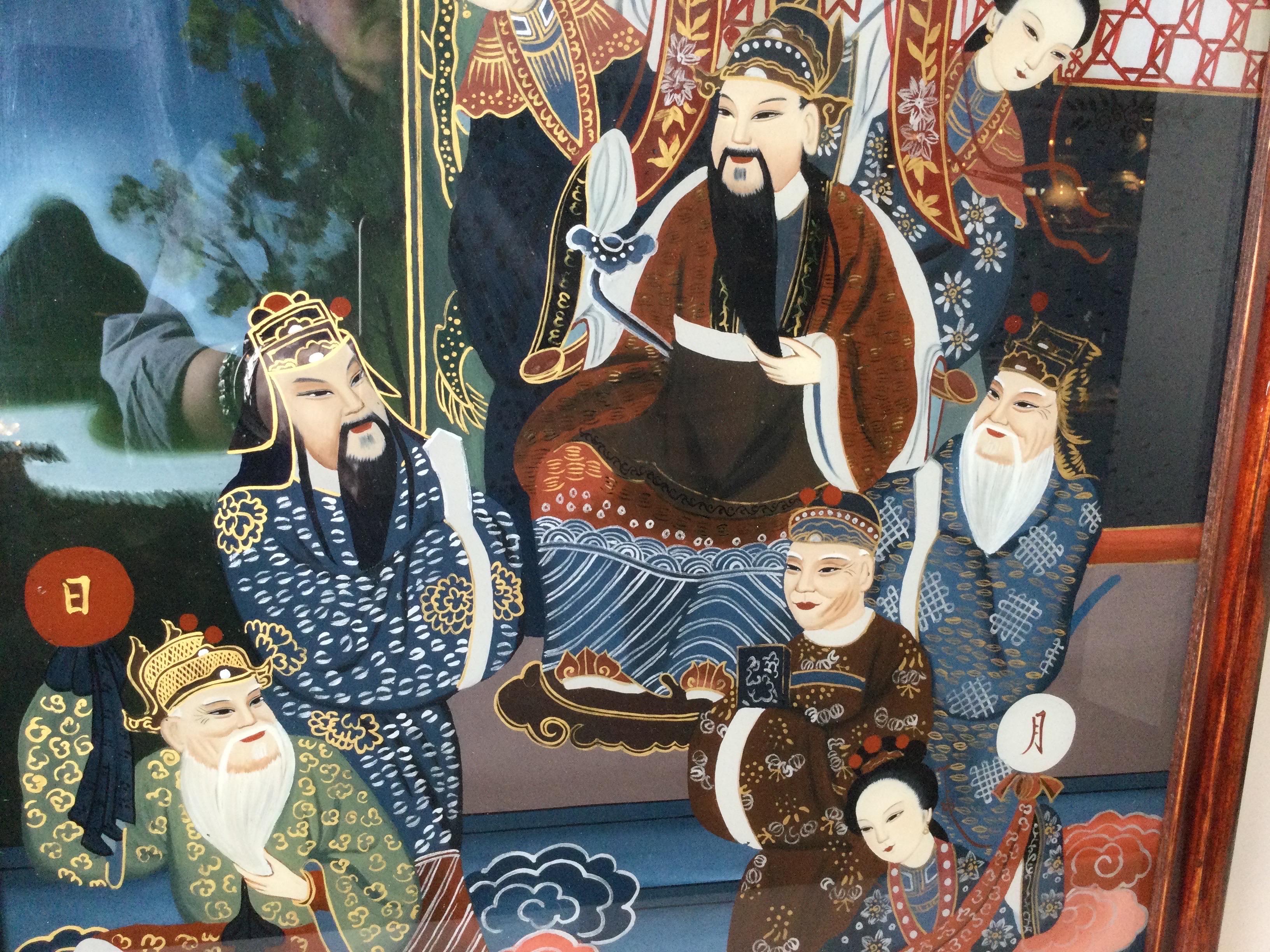 Pair of Revers Painted Japanese Scenes of Nobel Men and Women For Sale 5