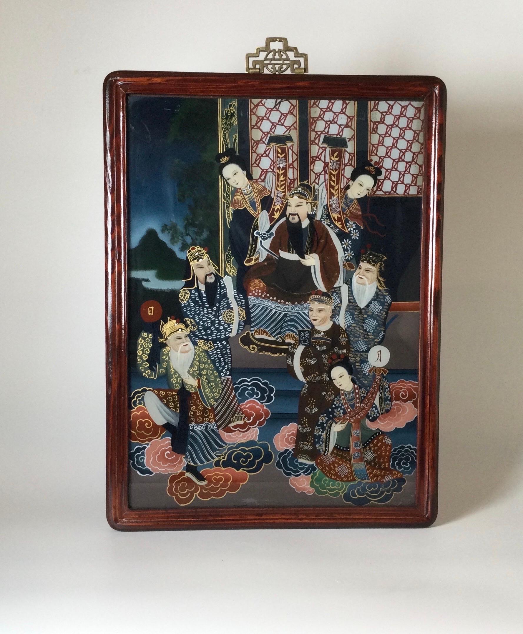 Pair of Revers Painted Japanese Scenes of Nobel Men and Women For Sale 1