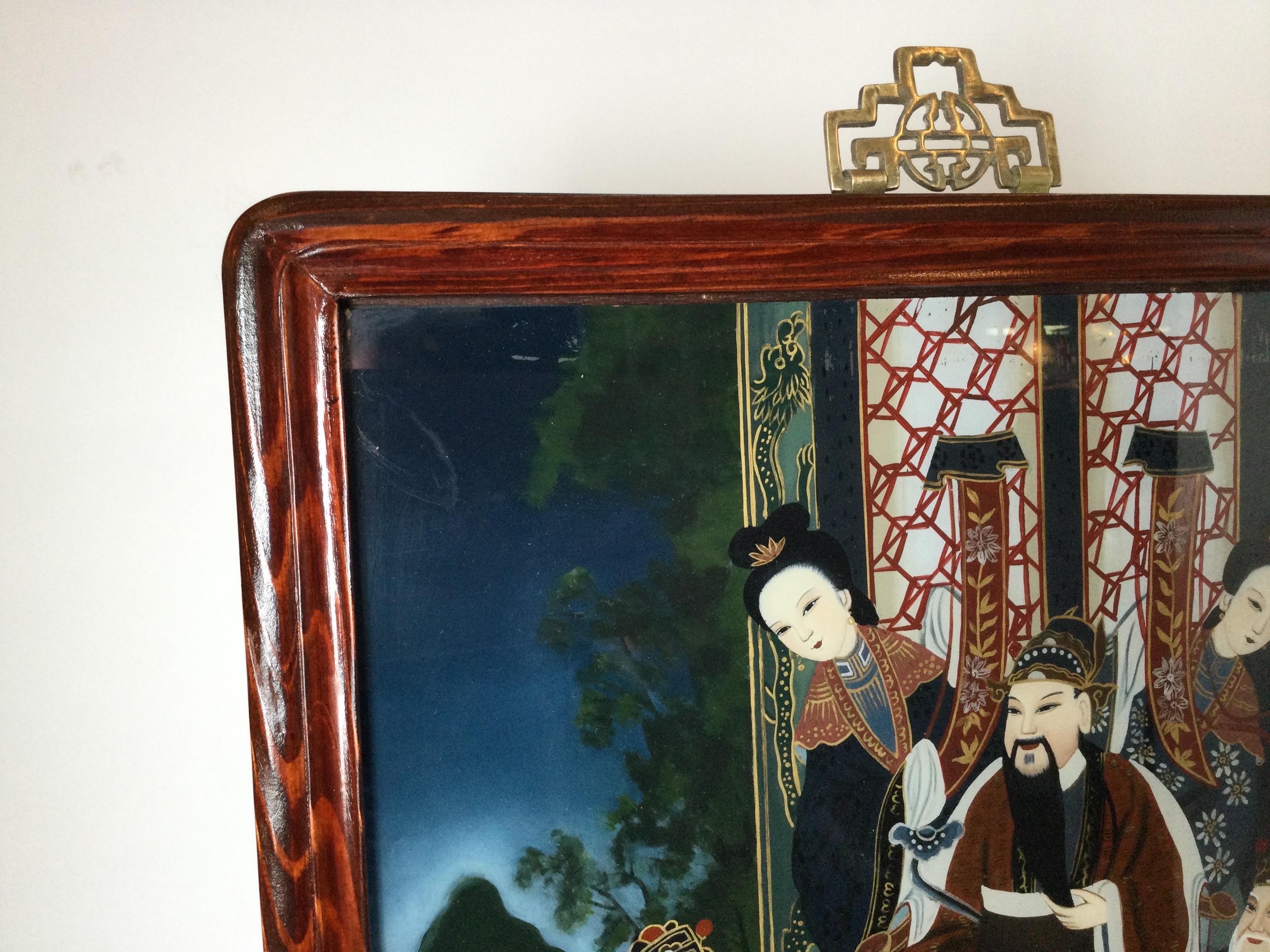 Pair of Revers Painted Japanese Scenes of Nobel Men and Women For Sale 2