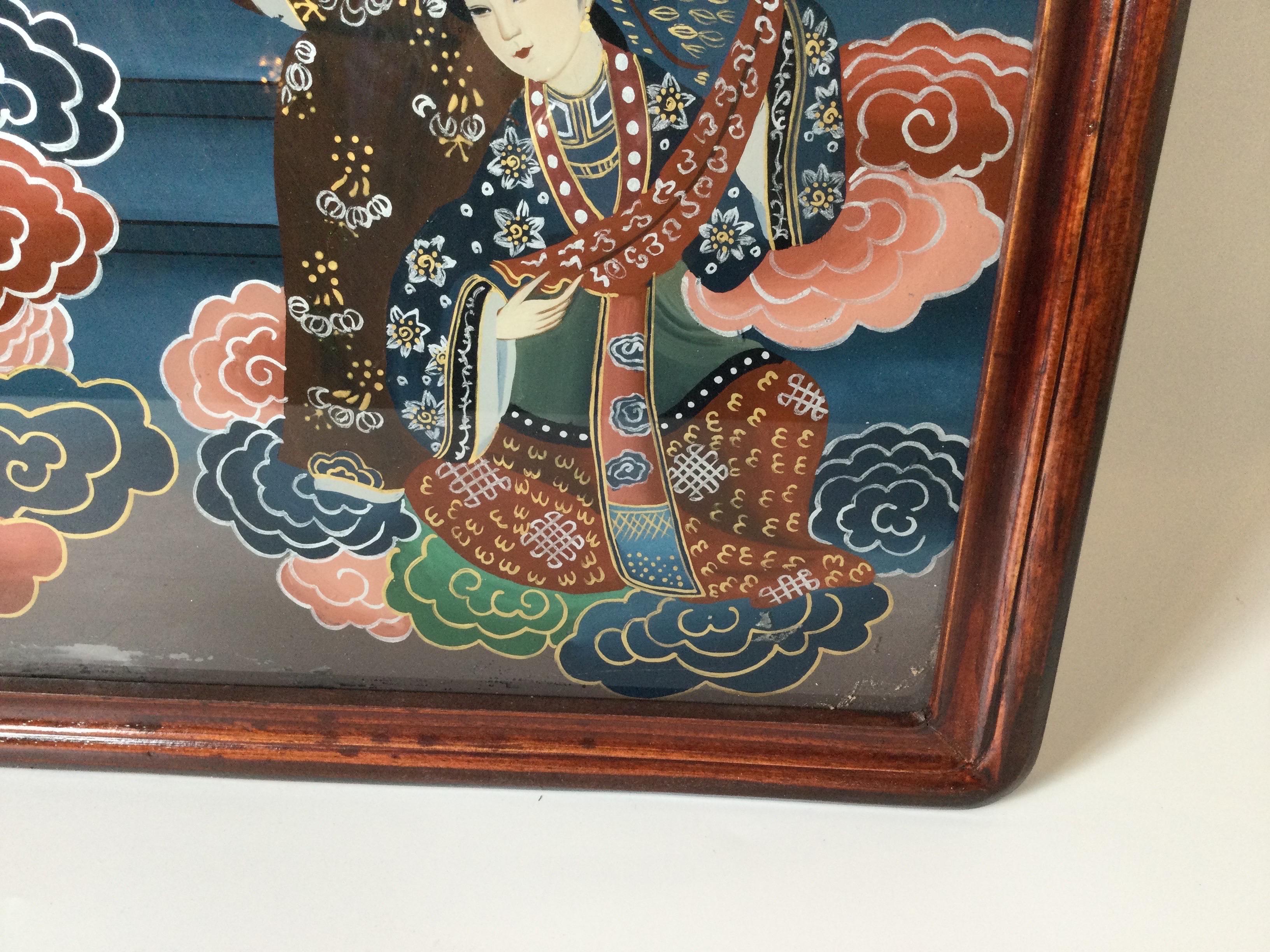 Pair of Revers Painted Japanese Scenes of Nobel Men and Women For Sale 3