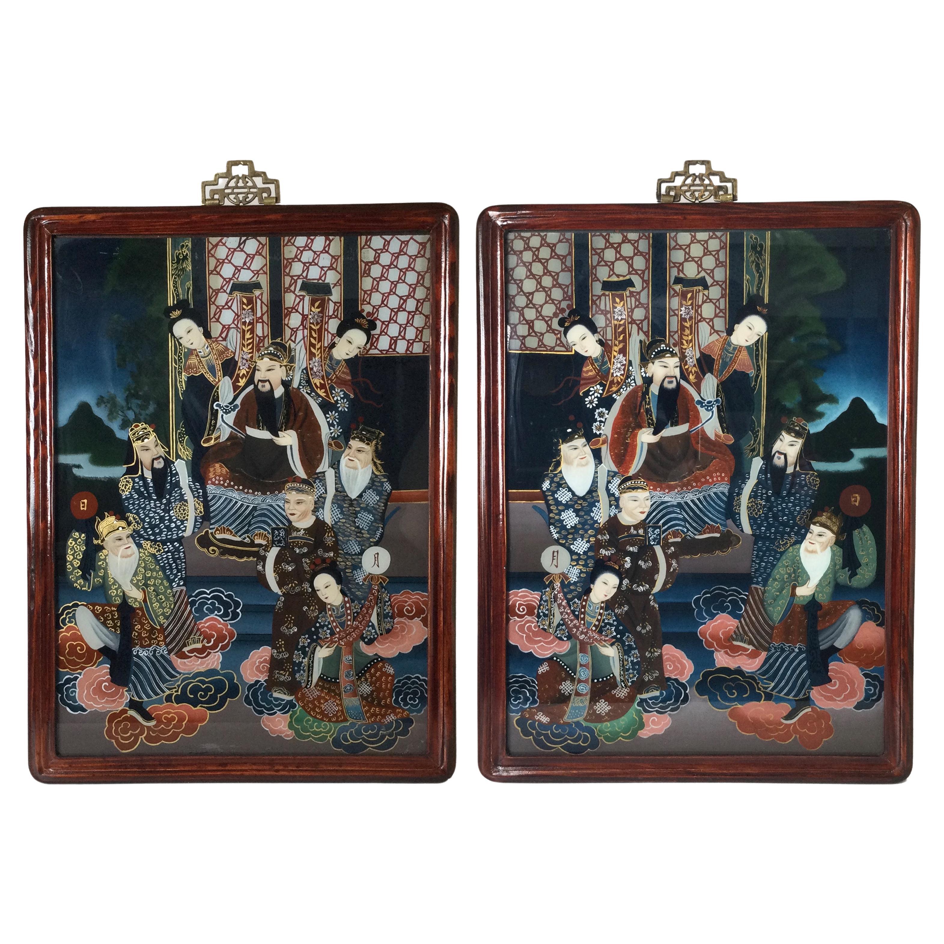 Pair of Revers Painted Japanese Scenes of Nobel Men and Women For Sale