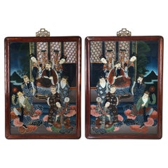 Vintage Pair of Revers Painted Japanese Scenes of Nobel Men and Women
