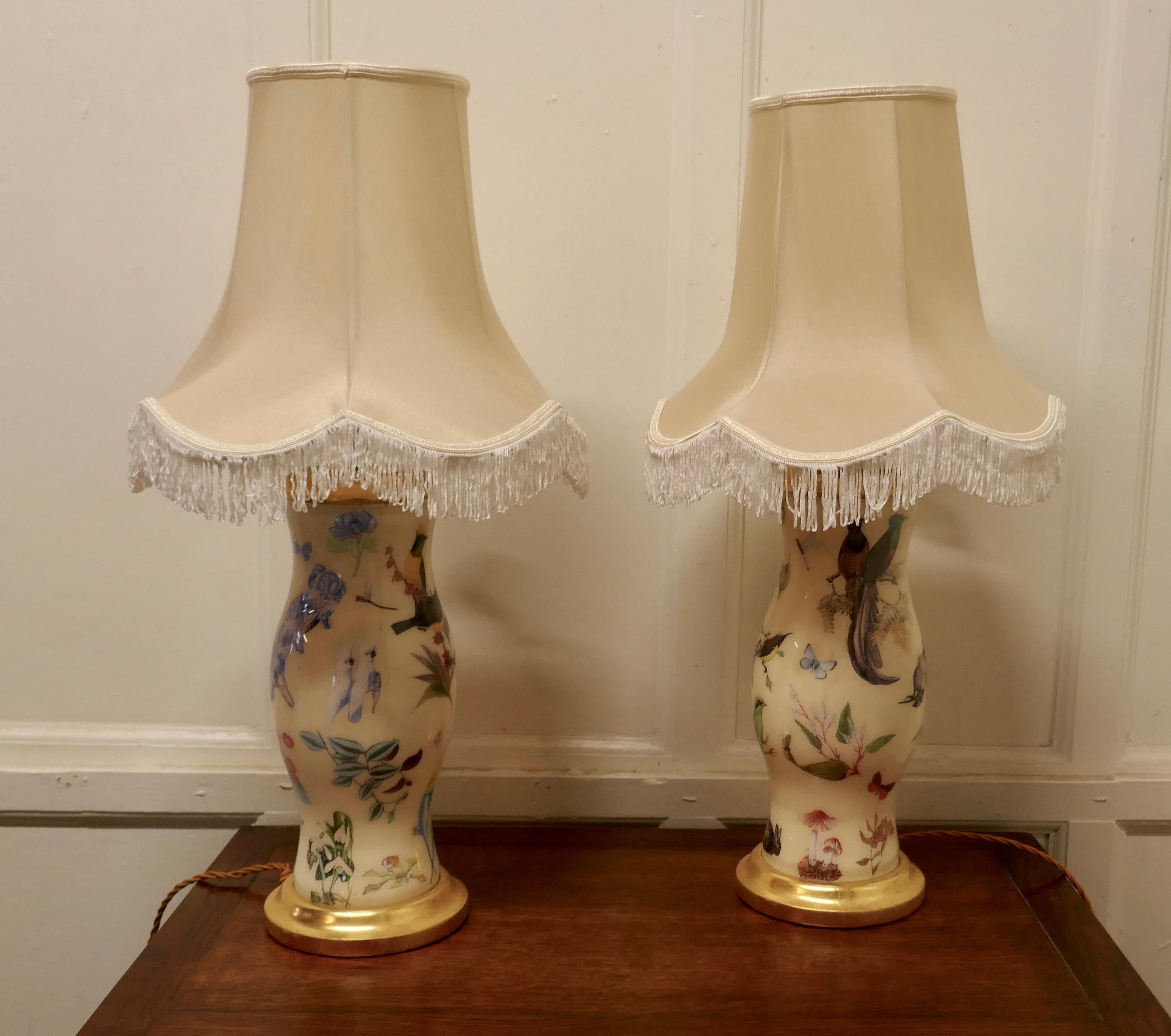 Pair of Reverse Painted Decoupage Baluster Vase Lamps 1