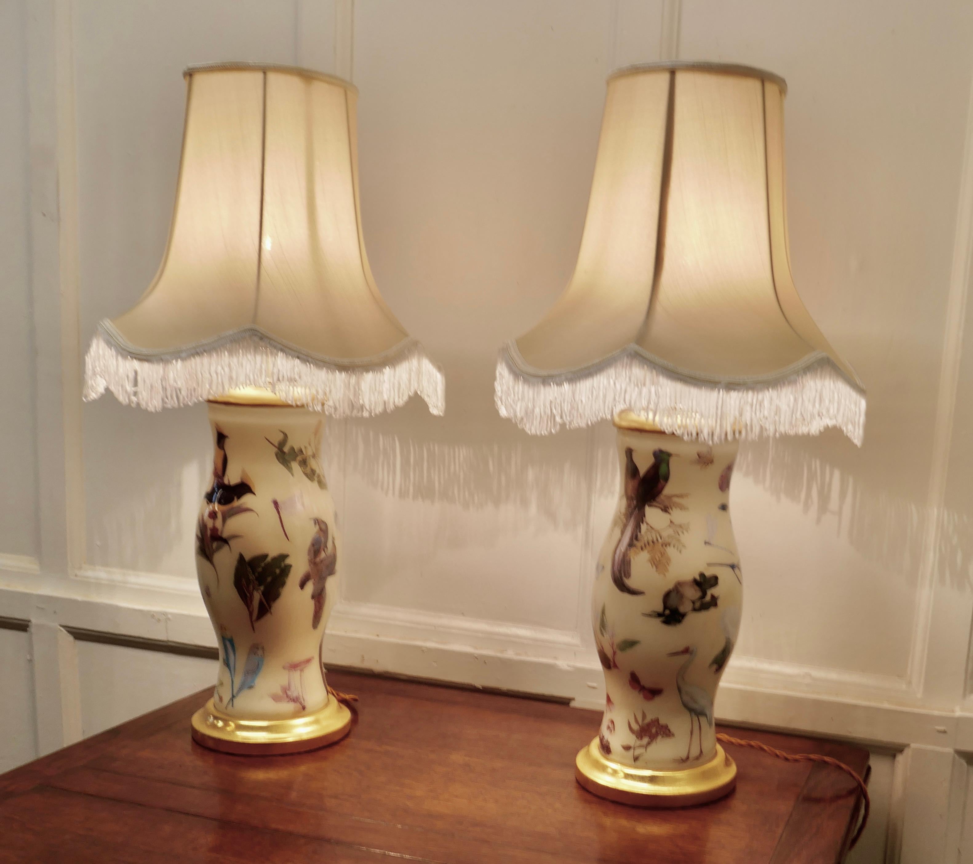 A pair of Reverse painted Decoupage Baluster vase lamps

A stunning pair of lamps decorated in a traditional way known as decalcomania, this involves positioning small pictures inside facing outward on the glass an the it is reverse painted in