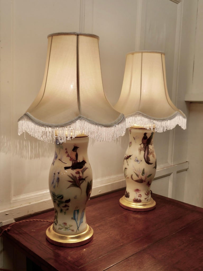 Pair of Reverse Painted Decoupage Baluster Vase Lamps For Sale at 1stDibs