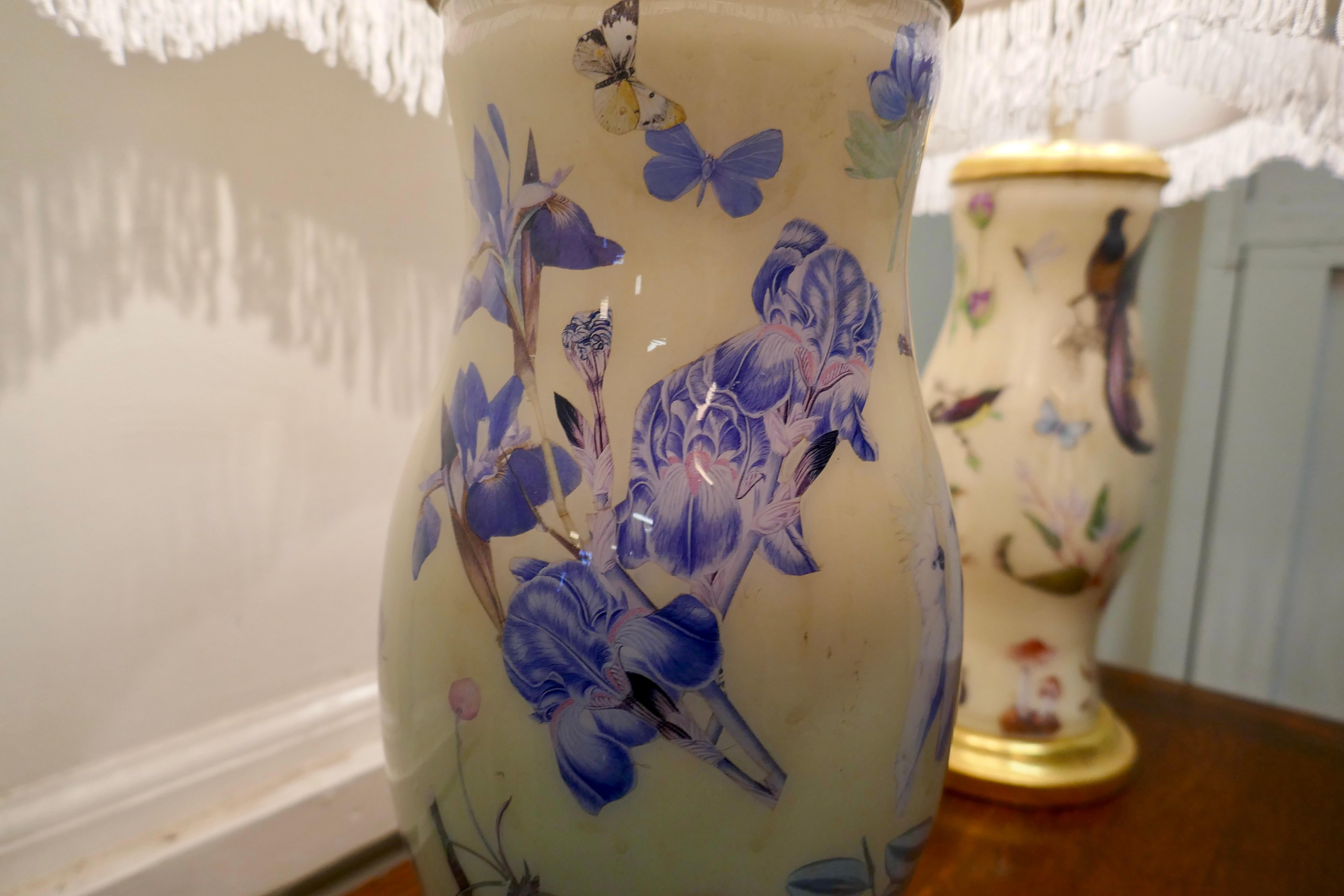 Beaux Arts Pair of Reverse Painted Decoupage Baluster Vase Lamps