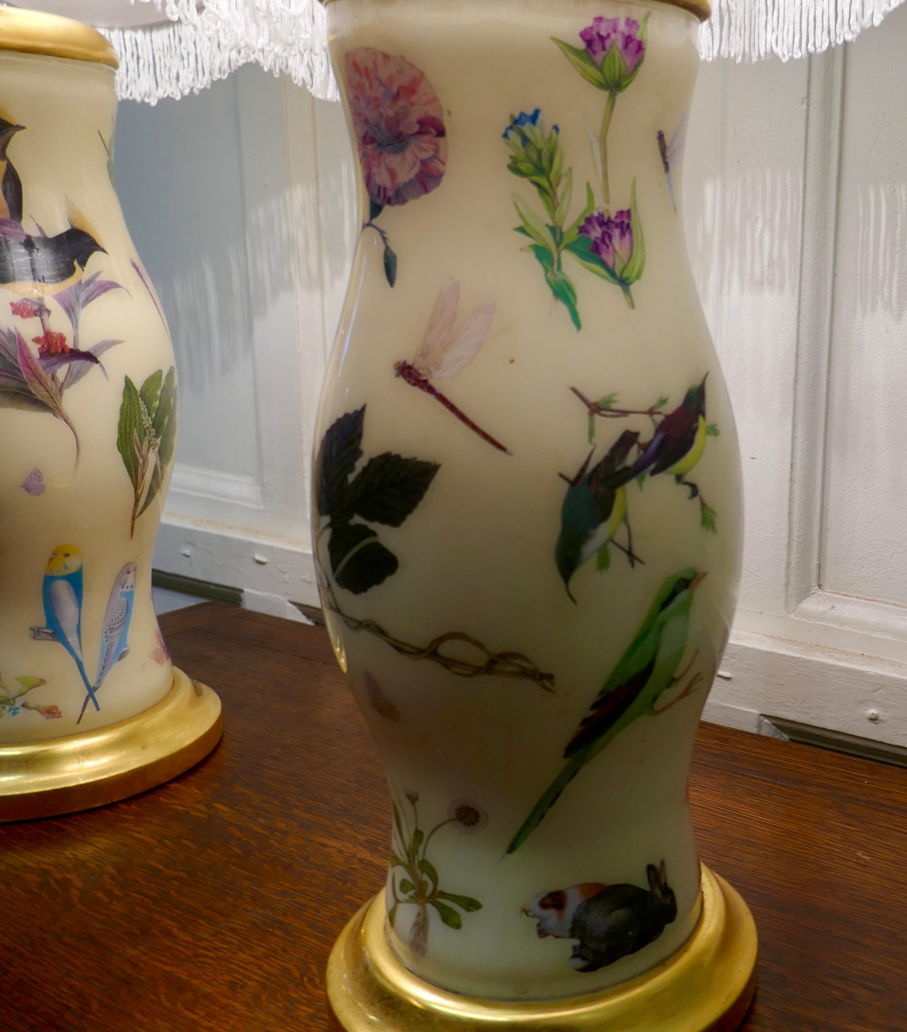 20th Century Pair of Reverse Painted Decoupage Baluster Vase Lamps