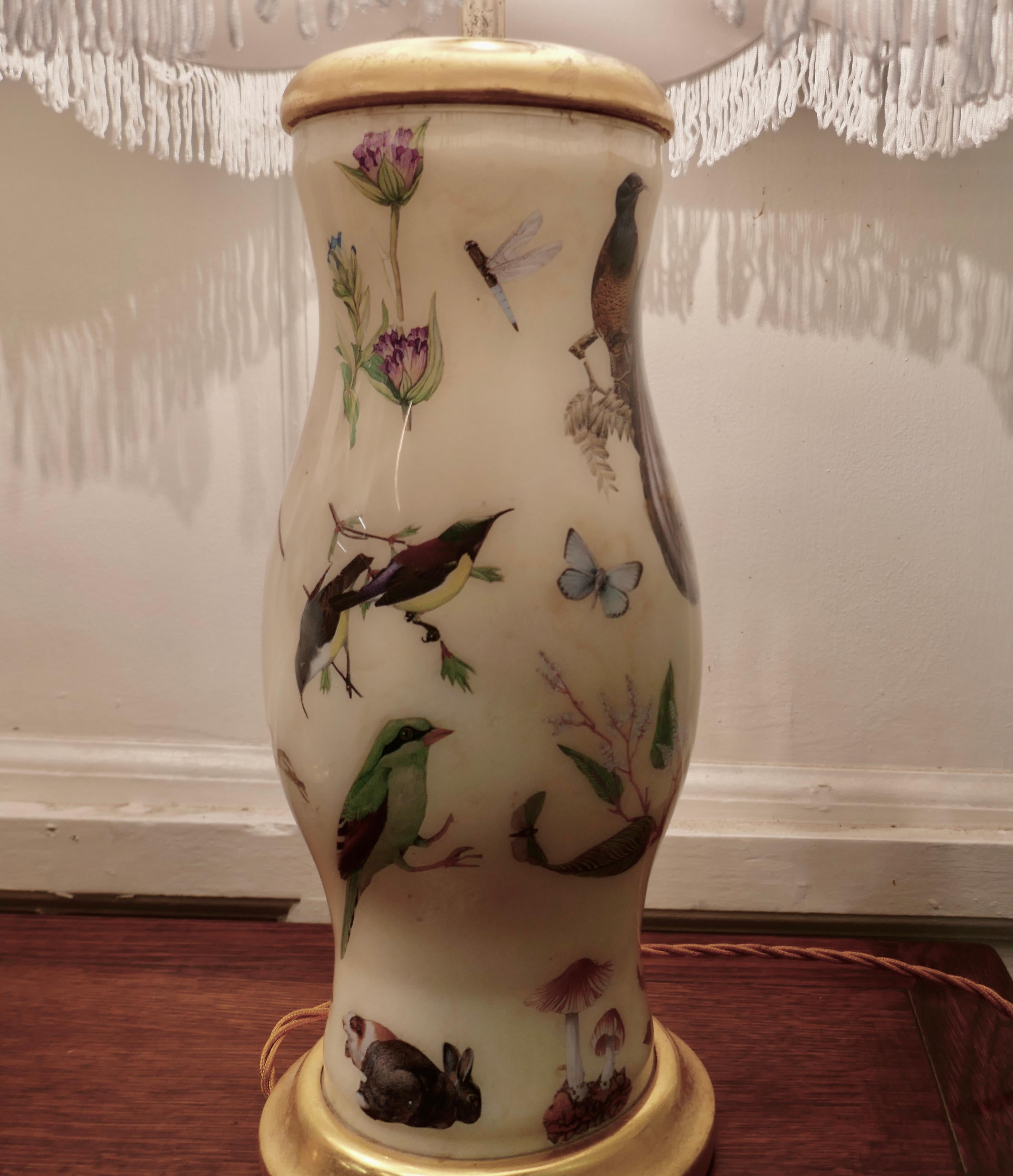 Art Glass Pair of Reverse Painted Decoupage Baluster Vase Lamps