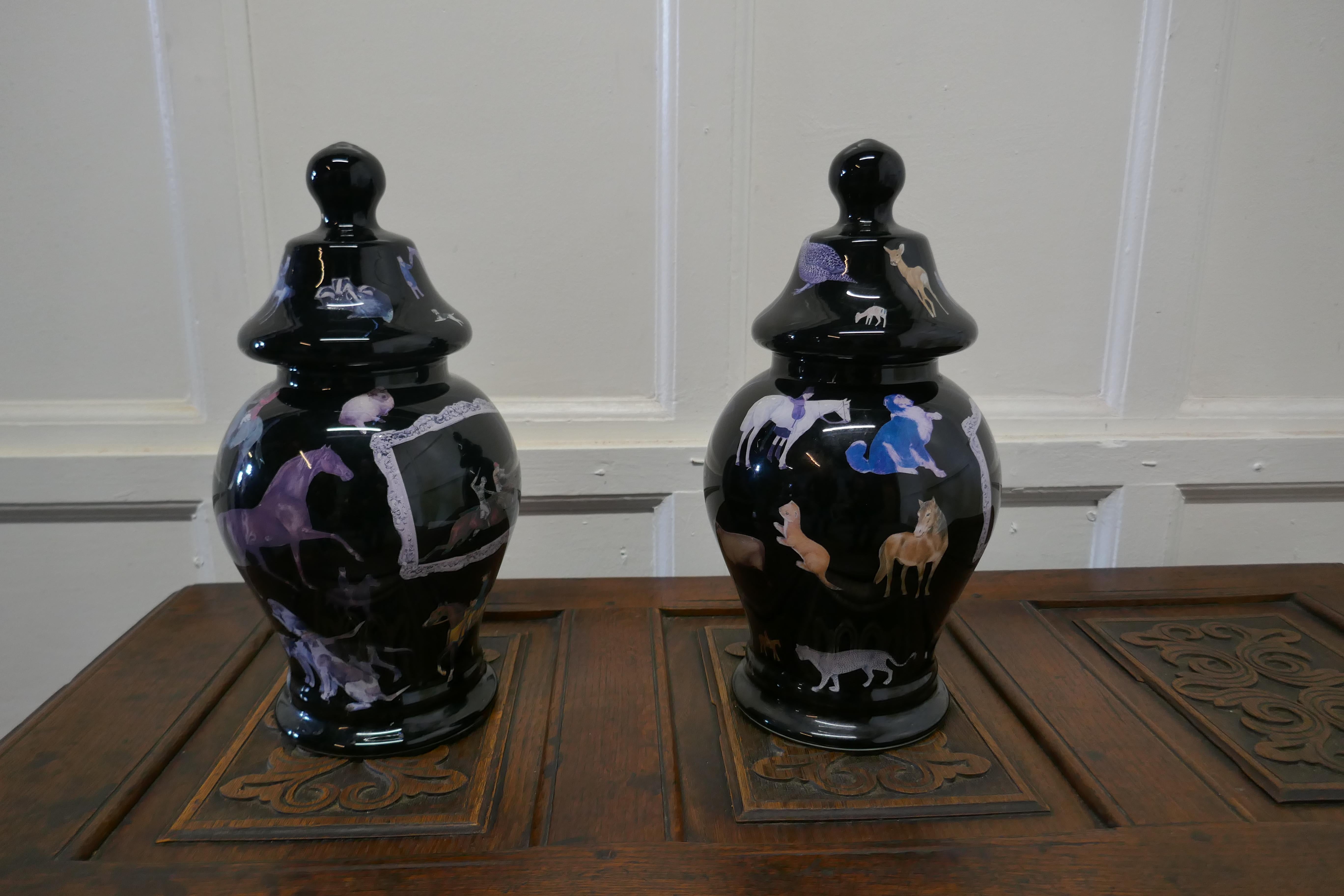 Folk Art Pair of Reverse Painted Decoupage Baluster Vases with Covers For Sale