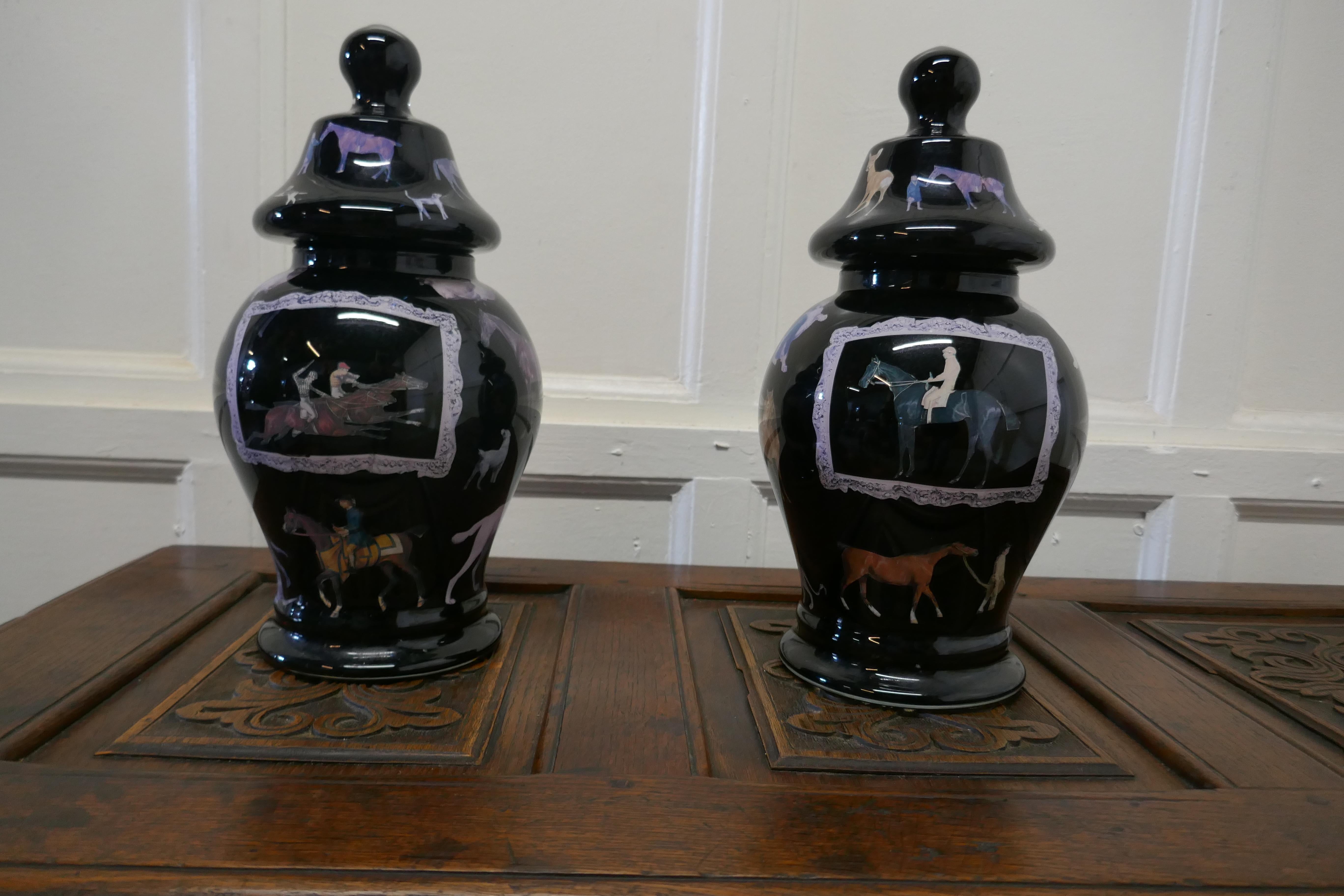 Pair of Reverse Painted Decoupage Baluster Vases with Covers For Sale 1