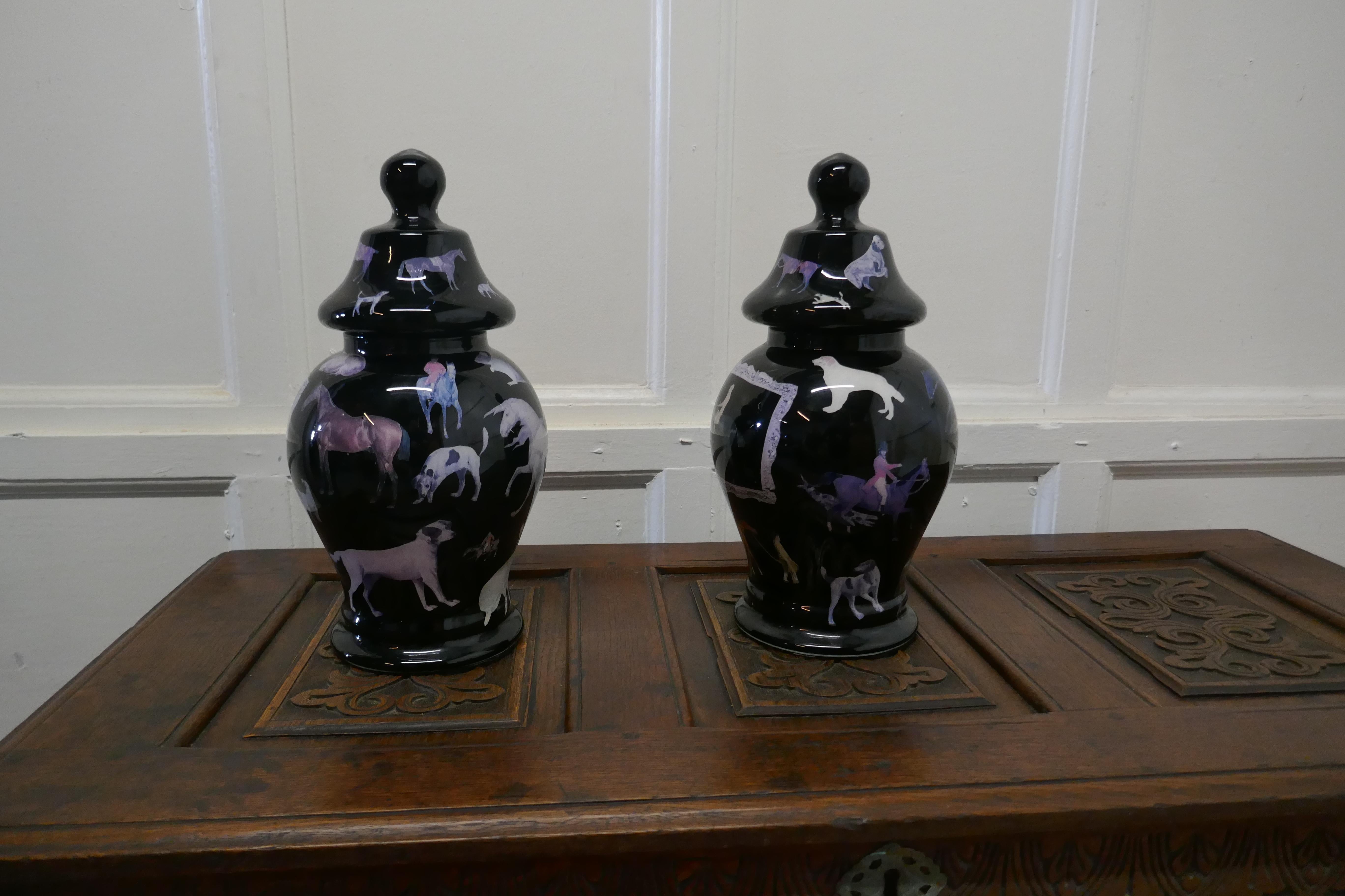 Pair of Reverse Painted Decoupage Baluster Vases with Covers For Sale 2