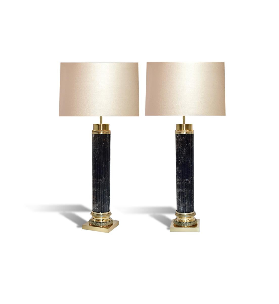 Contemporary Pair of Ribbed Column Form Smoky Rock Crystal Lamps by Phoenix  For Sale