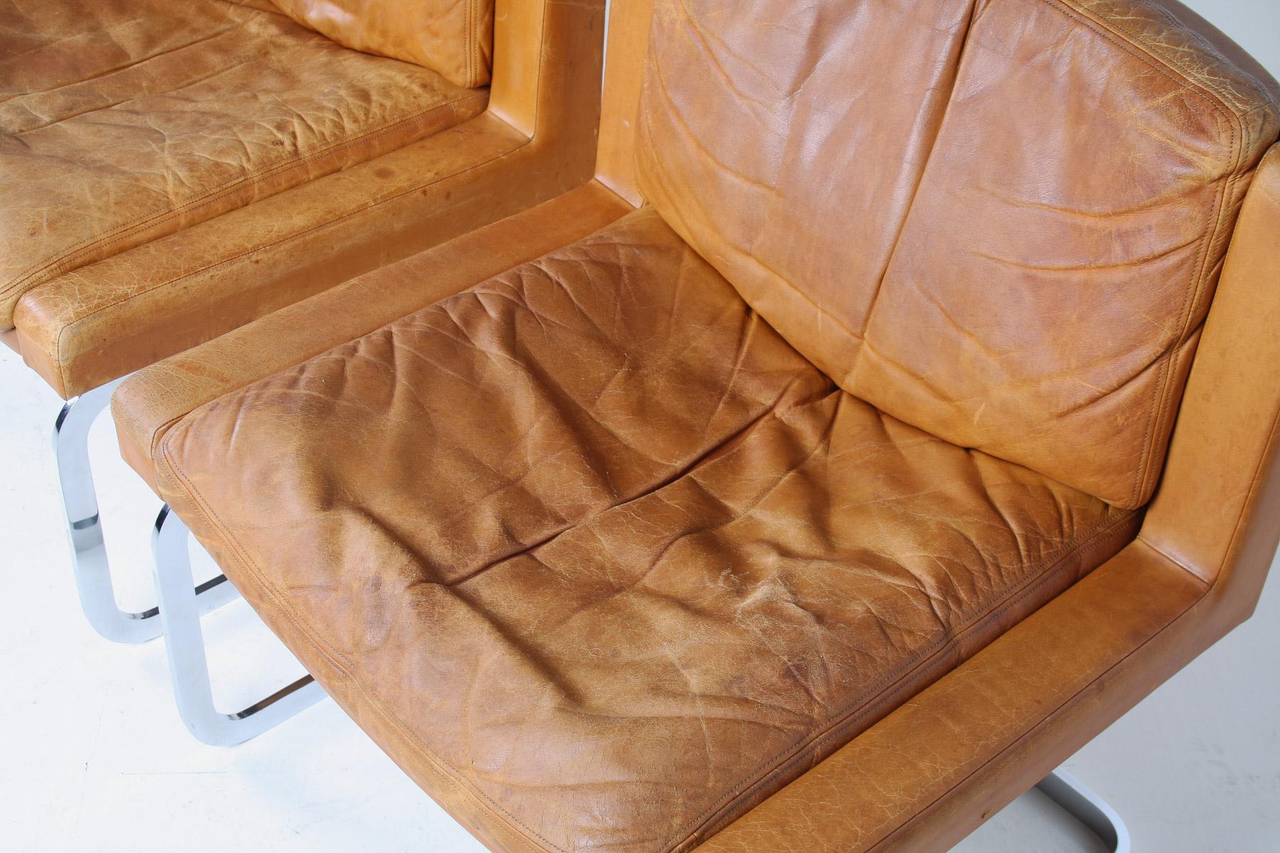 A Pair of Robert Haussmann for De Sede DS-201 Mid Century Tan Leather Chairs For Sale 5