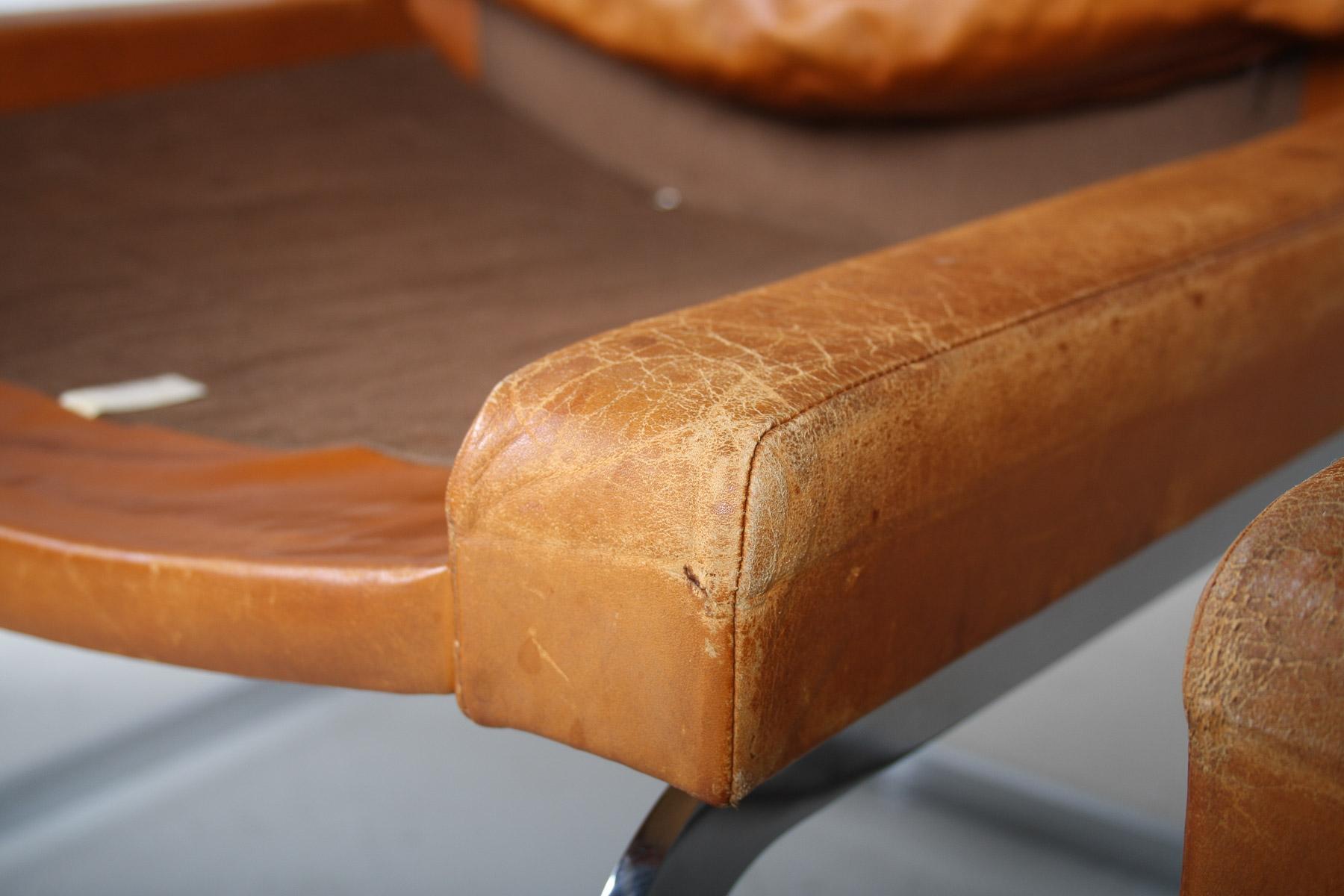 A Pair of Robert Haussmann for De Sede DS-201 Mid Century Tan Leather Chairs For Sale 8