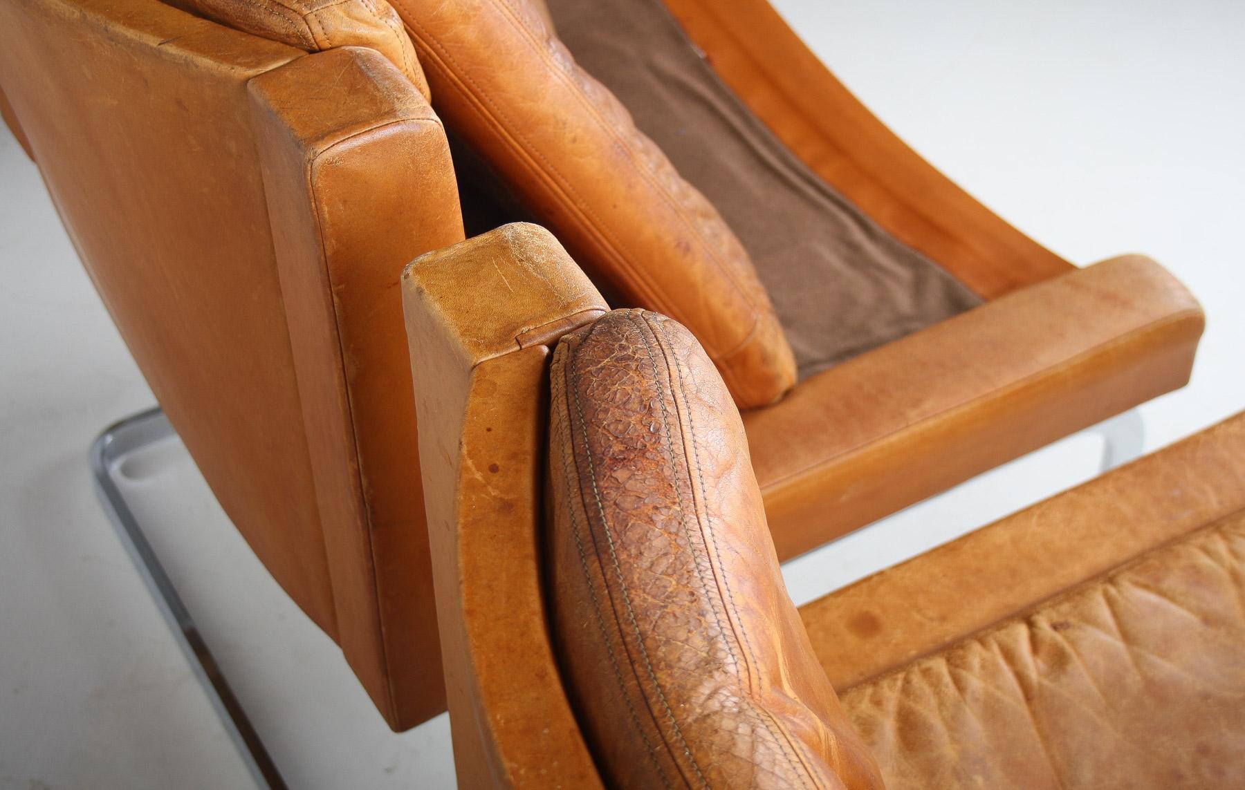 A Pair of Robert Haussmann for De Sede DS-201 Mid Century Tan Leather Chairs For Sale 10
