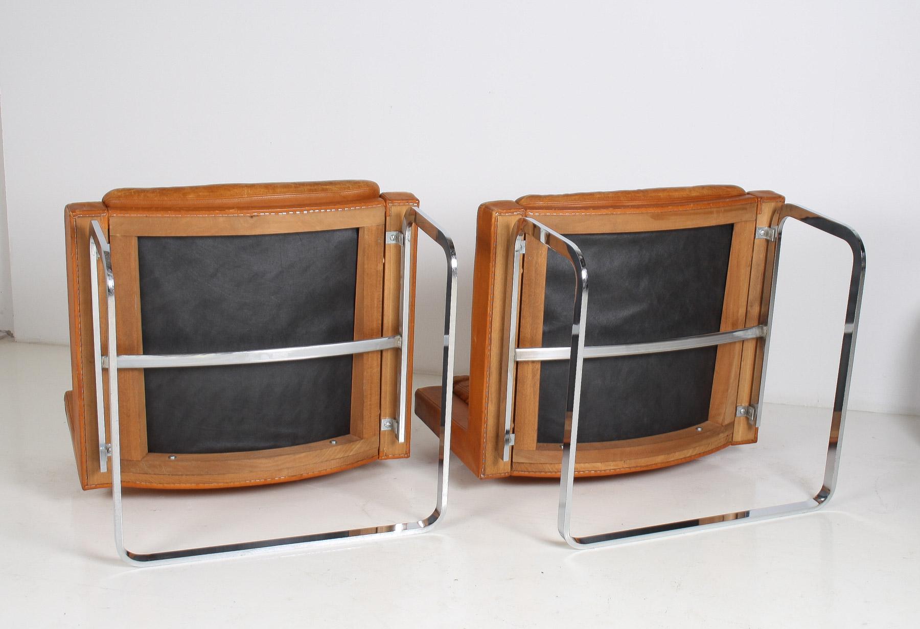 A Pair of Robert Haussmann for De Sede DS-201 Mid Century Tan Leather Chairs For Sale 12