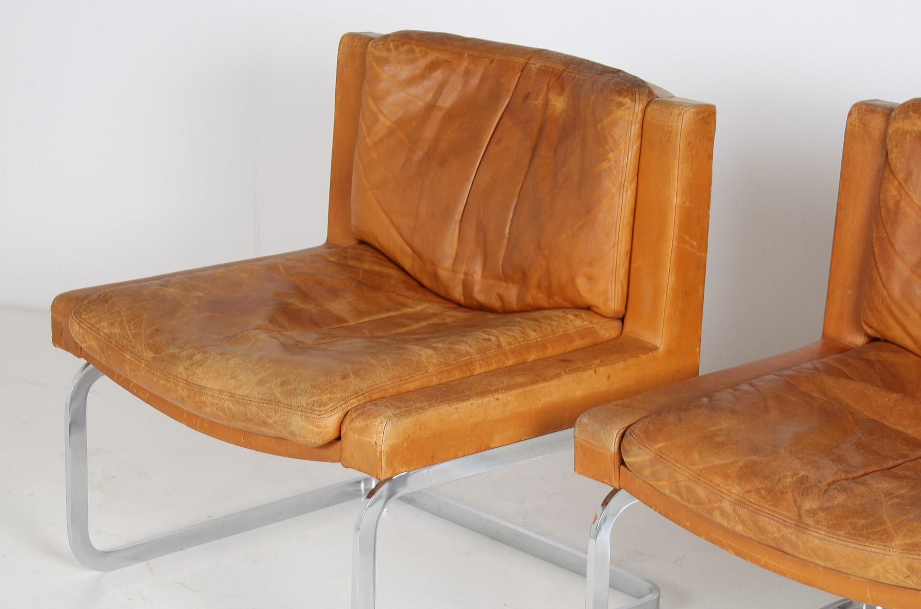 A Pair of Robert Haussmann for De Sede DS-201 Mid Century Tan Leather Chairs For Sale 14