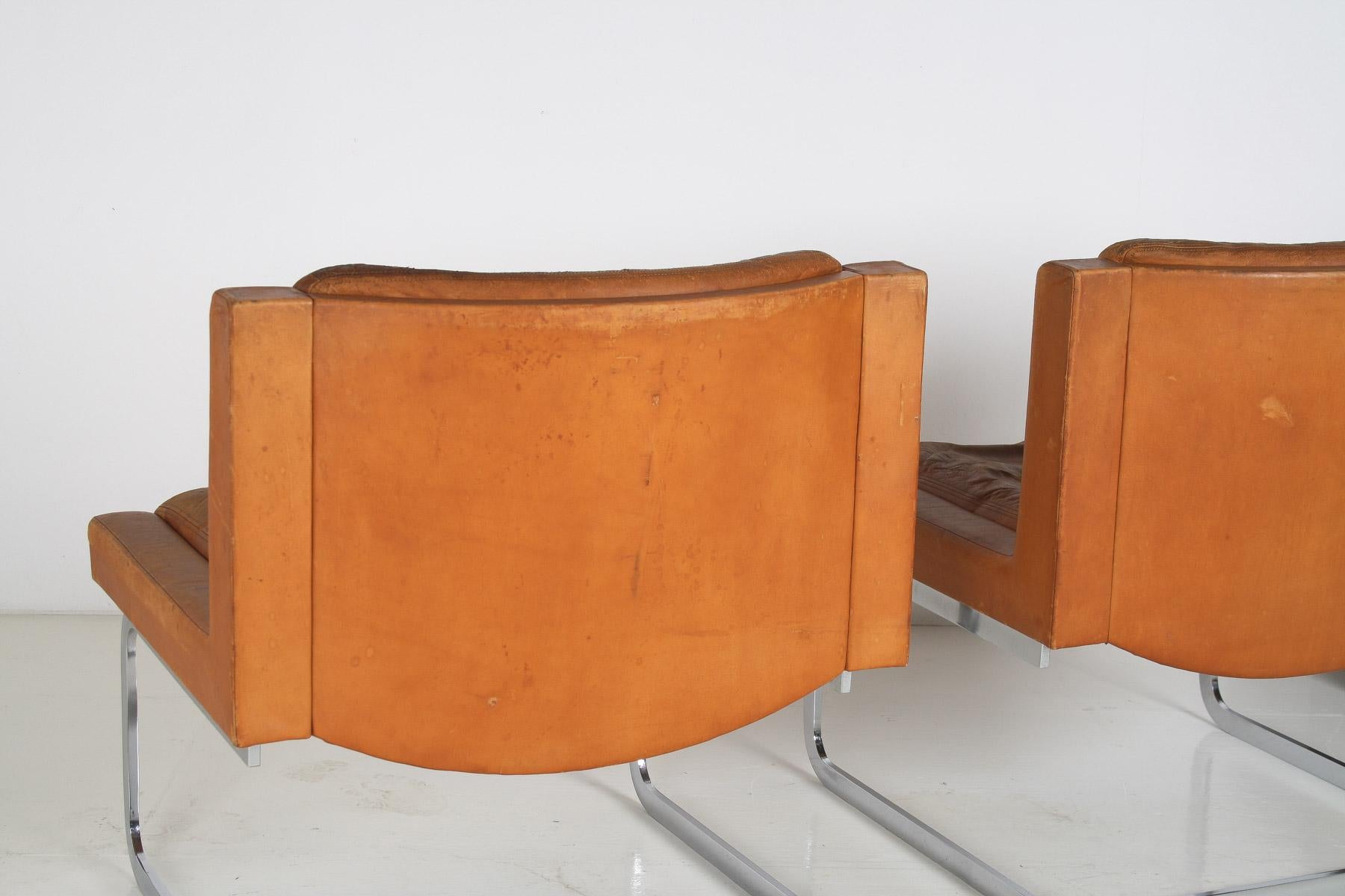 20th Century A Pair of Robert Haussmann for De Sede DS-201 Mid Century Tan Leather Chairs For Sale