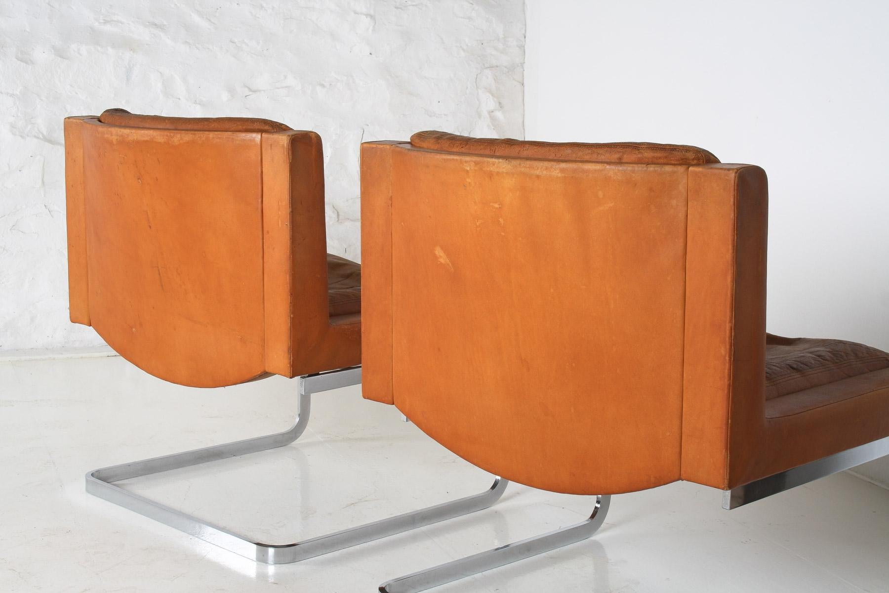 A Pair of Robert Haussmann for De Sede DS-201 Mid Century Tan Leather Chairs For Sale 1