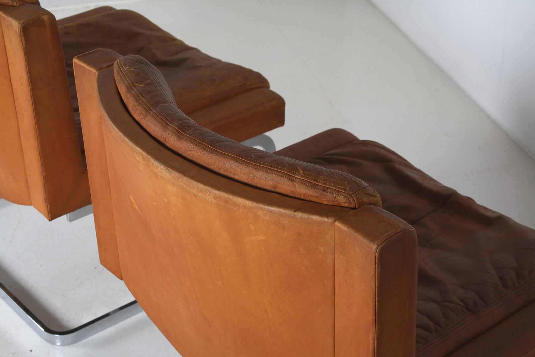 A Pair of Robert Haussmann for De Sede DS-201 Mid Century Tan Leather Chairs For Sale 2