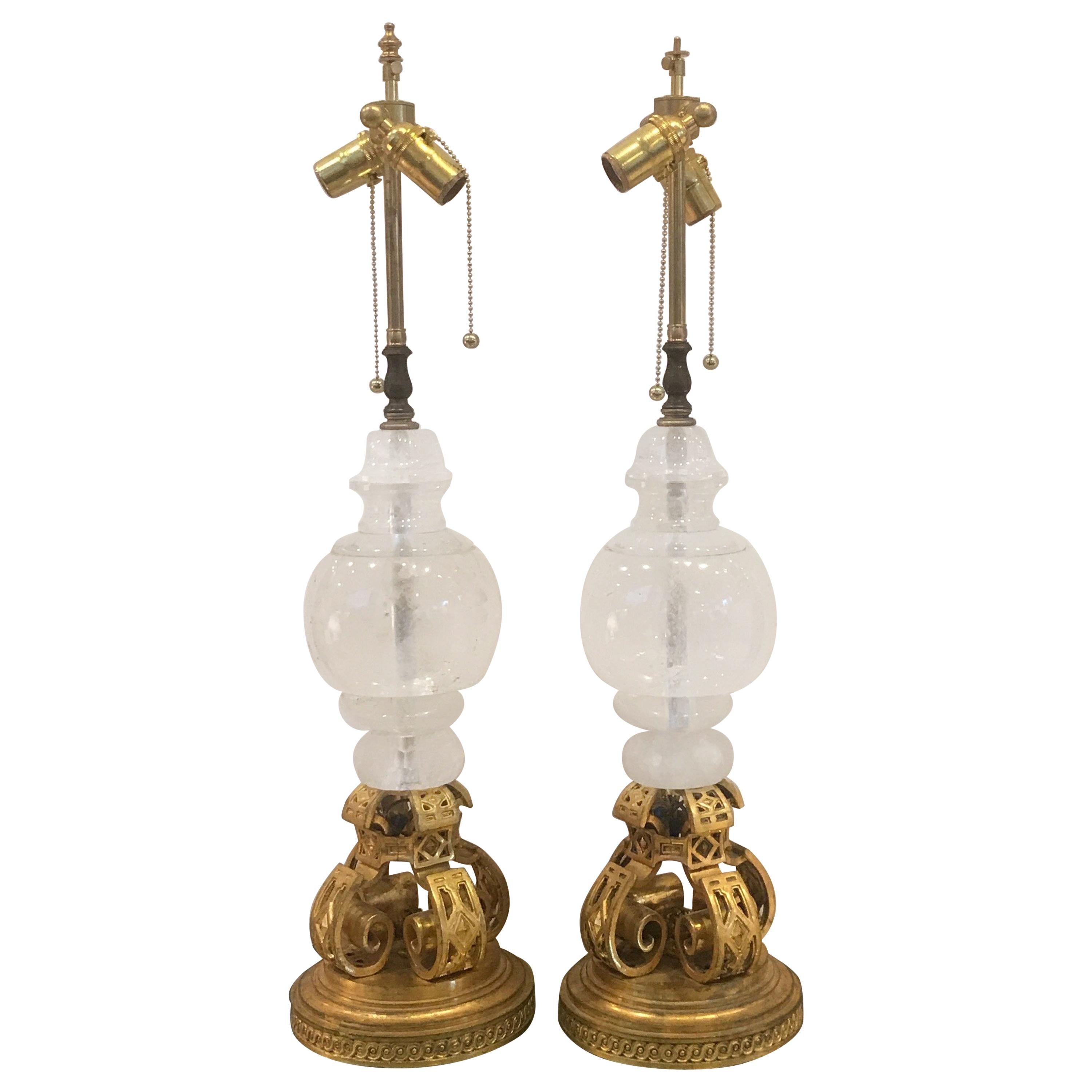 Pair of Rock Crystal and Ormolu Lamps