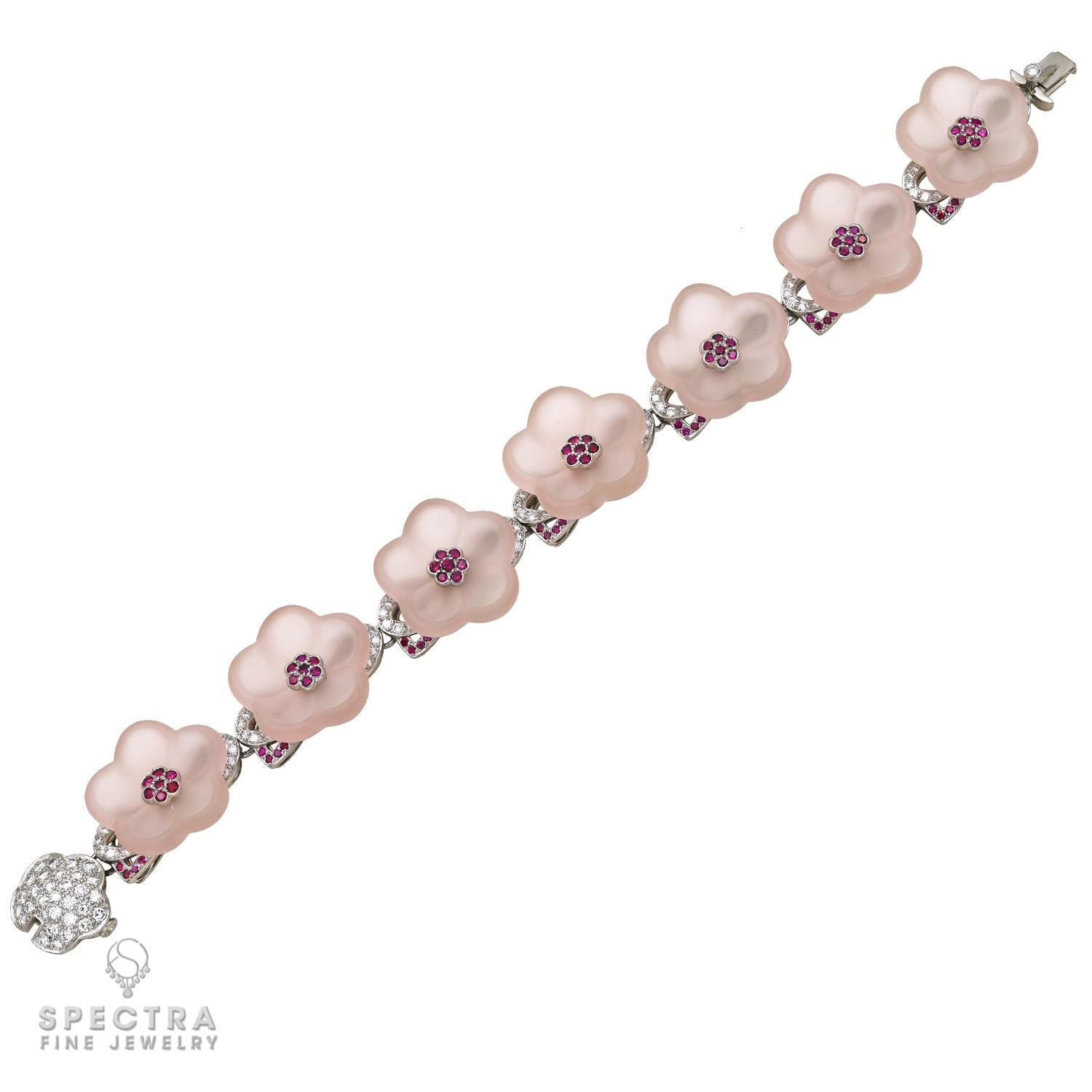 This pair of Tiffany & Co. Rock Crystal Quartz Diamond Flower Bracelets, made in the 21st century, circa 2000, features two varieties of quartz -- rose quartz and chalcedony -- carved to elegant perfection. The pair of 7.5-inch-long (19.05 cm)